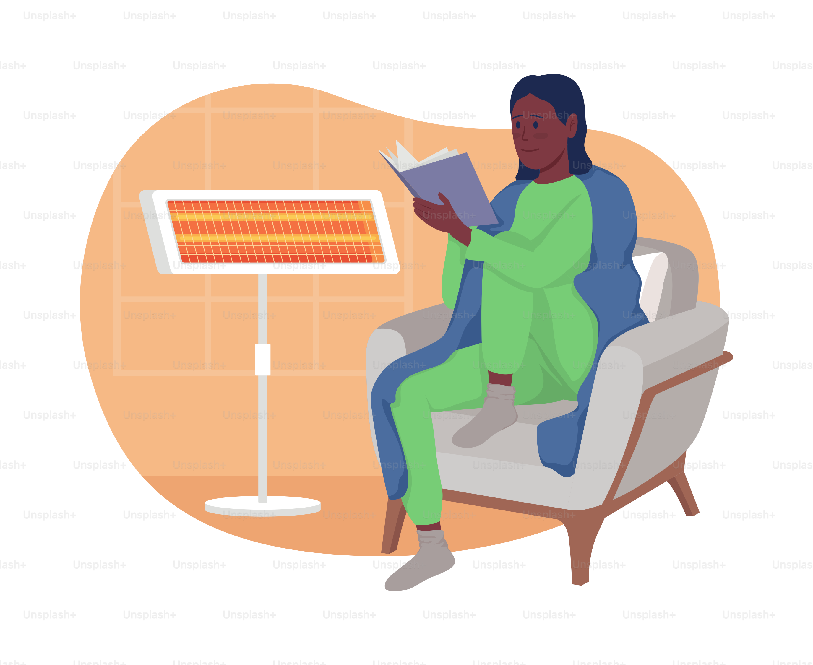 Warmer Raum 2D-Vektor isolierte Illustration. Gemütlichkeit und Komfort. Mädchen, das Buch liest, flache Figur auf Cartoon-Hintergrund. Raumheizung bunte Szene für Handy, Website, Präsentation