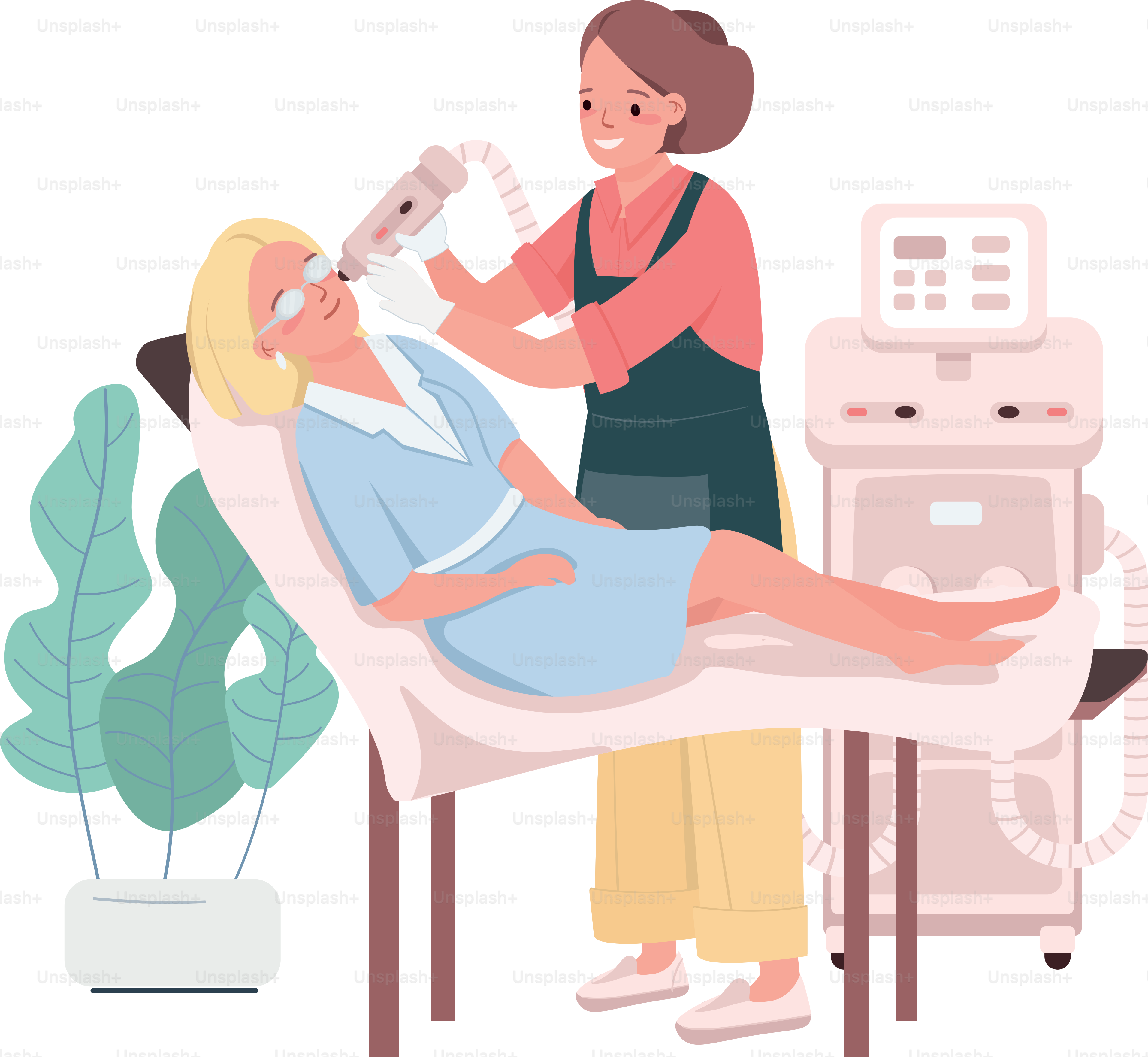 Terapia da pele com luz, vetores de cor plana, caracteres detalhados. Procedimentos de tratamento facial. Trabalhadora de salão de beleza e cliente isolando ilustração de desenho para design gráfico web e animação