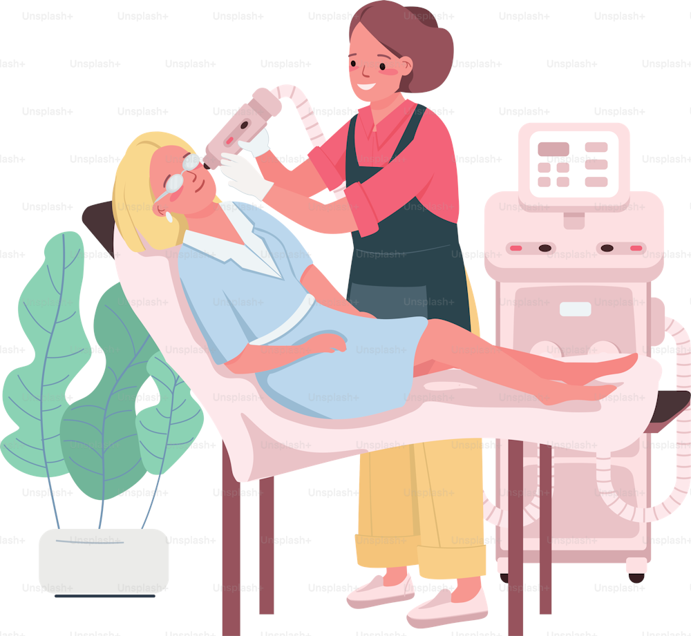 Light skin therapy flat color vector detailed characters. Facial treatment procedures. Beauty salon worker and customer isolated cartoon illustration for web graphic design and animation