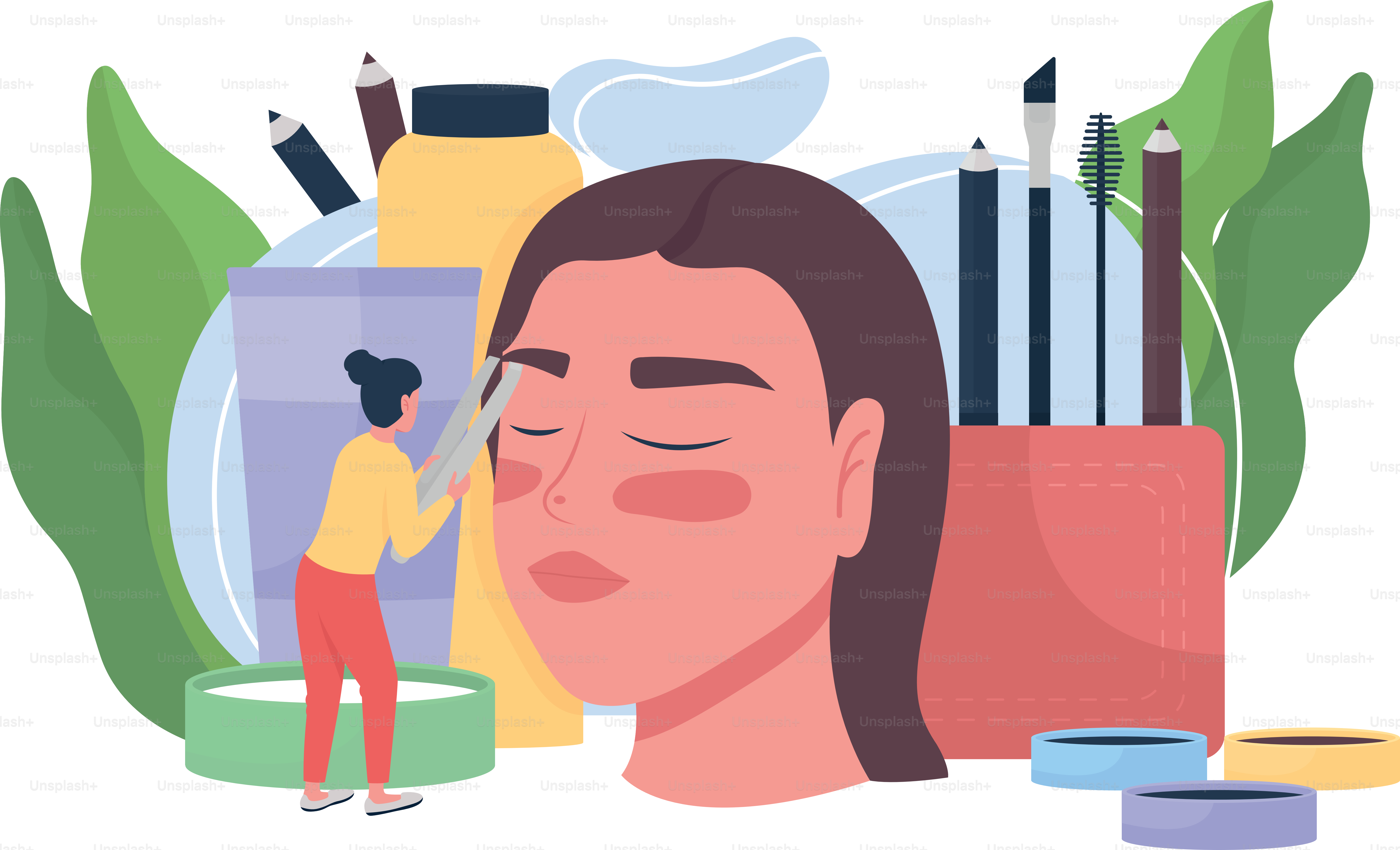 Ilustração vetorial de conceito plano para mestre de sobrancelhas. Depilação de pelos de sobrancelhas com pinça. Cosmetologia, profissional de beleza. Personagem de desenho animado 2D para design de sites. Ideia criativa para salão de beleza