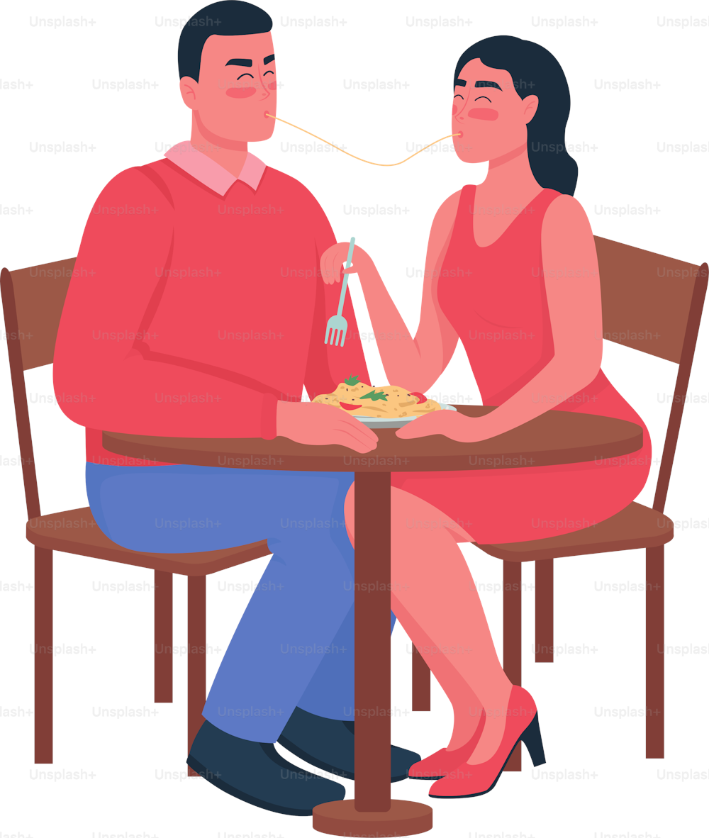 Man and woman eating spaghetti flat color vector detailed characters. Romantic dinner in cafe. Relationship anniversary isolated cartoon illustration for web graphic design and animation
