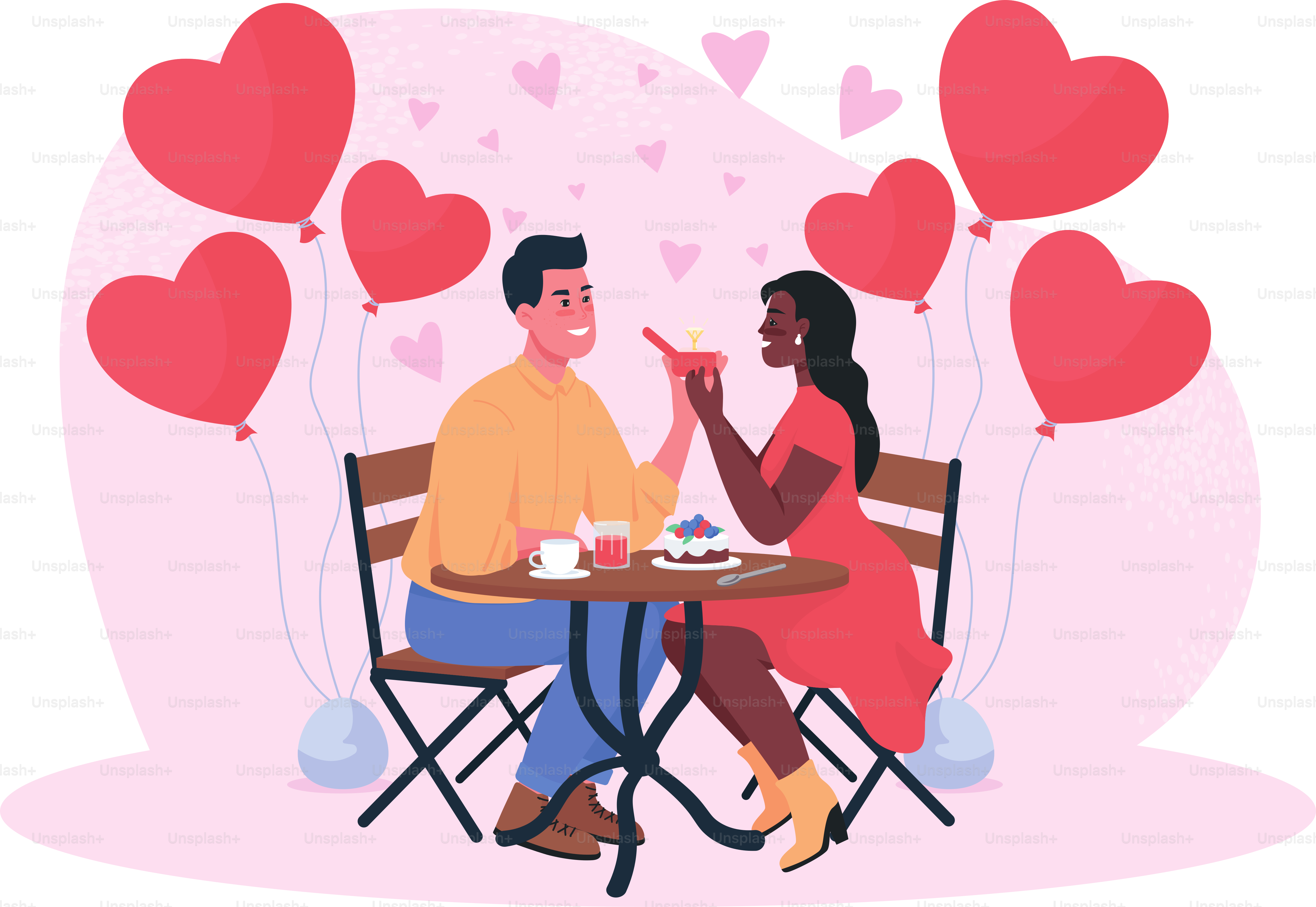 Marriage proposal on romantic dinner flat concept vector illustration. Lovers engagement. Celebrate relationship. Happy smiling couple 2D cartoon characters for web design. Valentine day creative idea