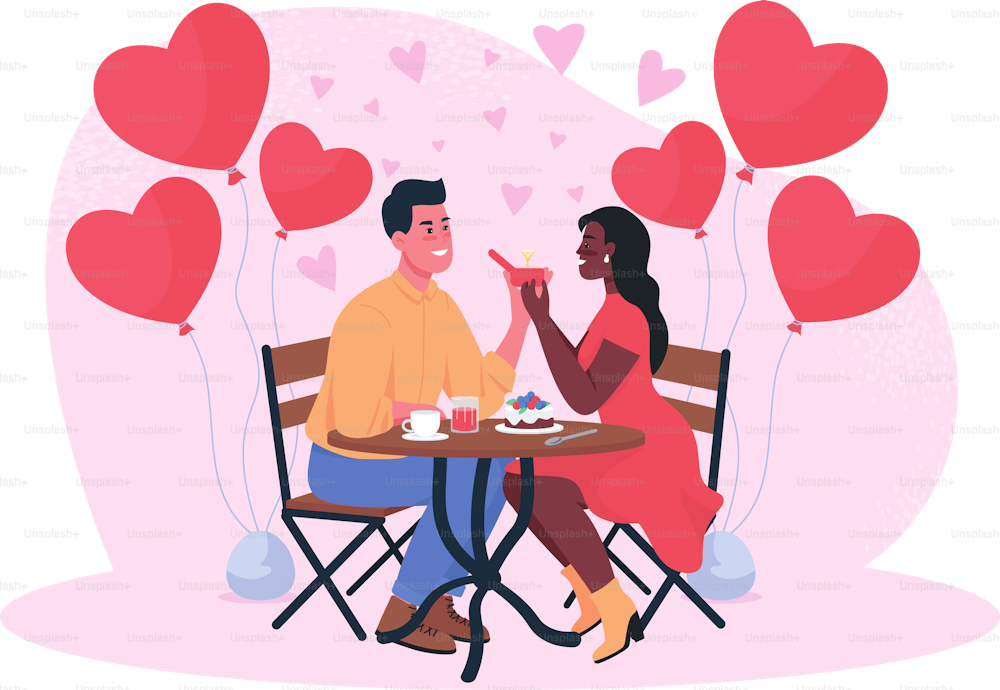Marriage proposal on romantic dinner flat concept vector illustration. Lovers engagement. Celebrate relationship. Happy smiling couple 2D cartoon characters for web design. Valentine day creative idea