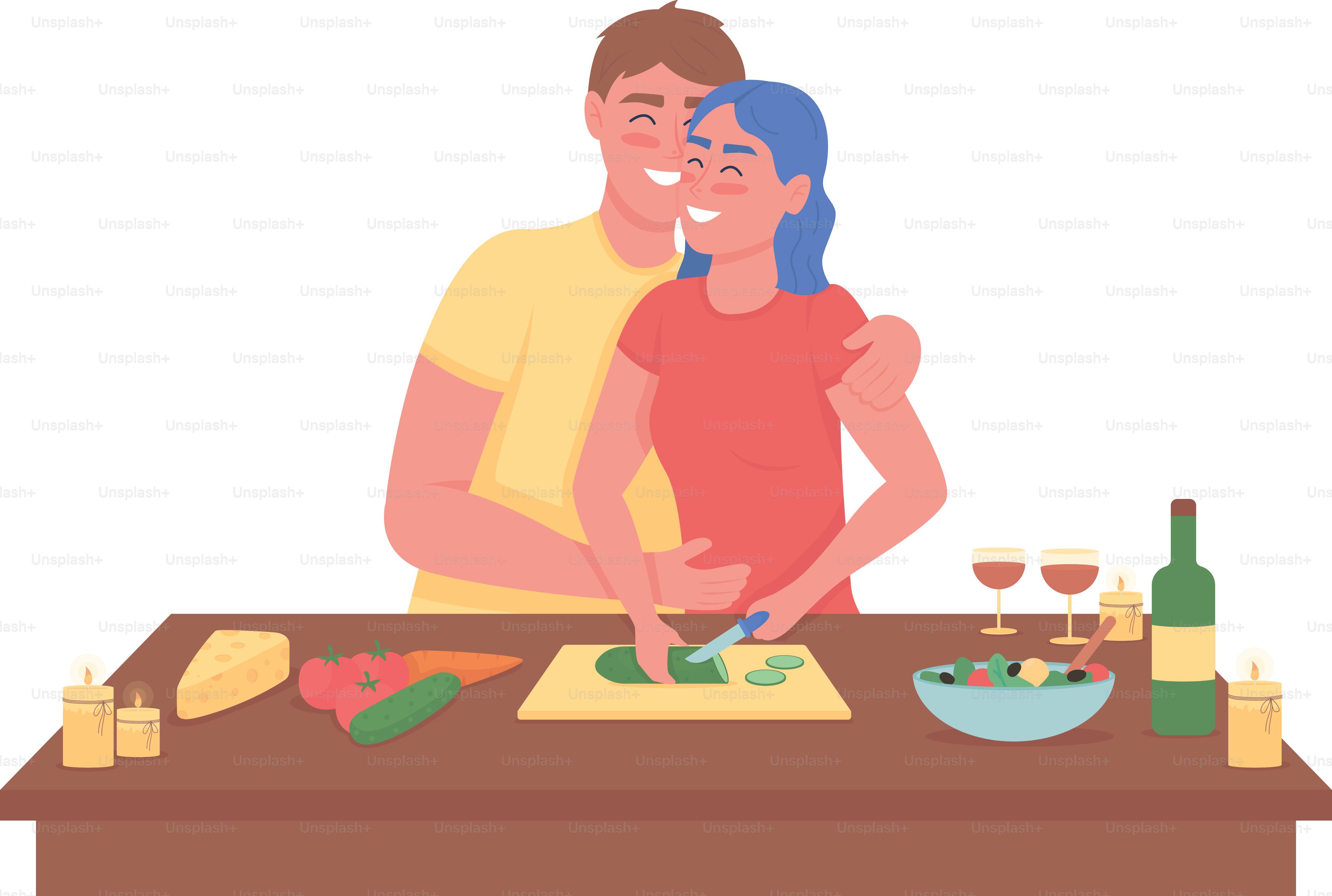 행복한 커플이 로맨틱한 저녁을 요리하는 플랫 컬러 벡터, 상세한 캐릭터들. 부엌에서 웃고 있는 남녀. 발렌타인데이 웹 그래픽 디자인 및 애니메이션용 고립된 만화 일러스트