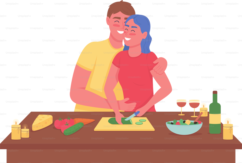 Couple heureux cuisinant romantique dîner plat couleur vecteur personnages détaillés. Homme et femme souriants dans la cuisine. Illustration de bande dessinée isolée de la Saint-Valentin pour la conception graphique Web et l’animation