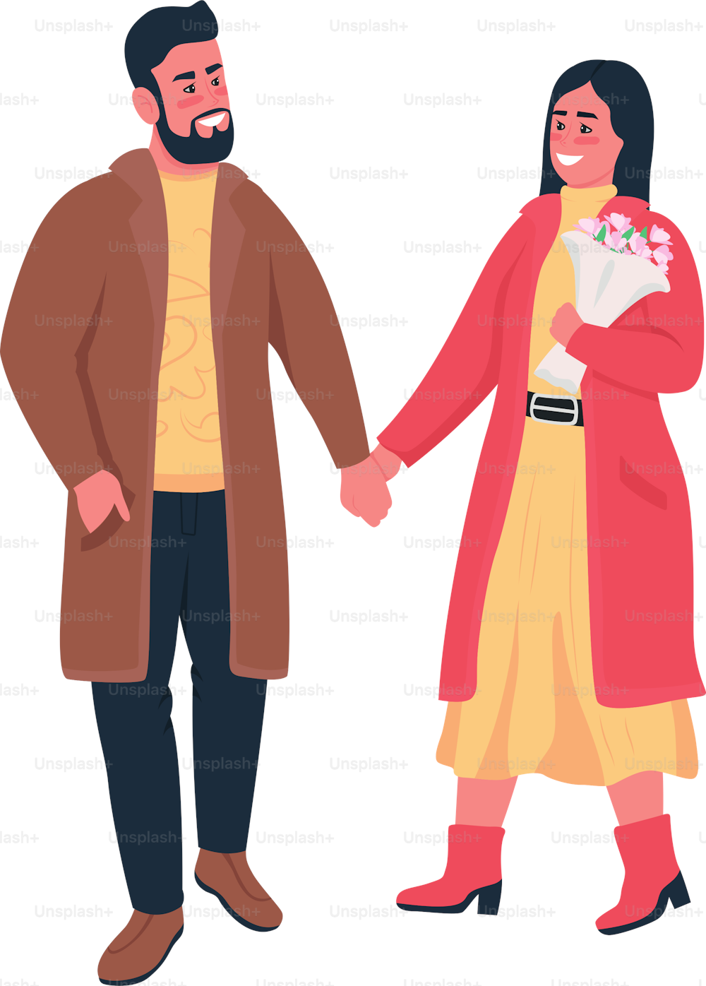 Feliz pareja tomada de la mano en la caminata de invierno de colores planos vectoriales detallados personajes. Relación romántica. Celebración del día de San Valentín ilustración aislada de dibujos animados para diseño gráfico web y animación