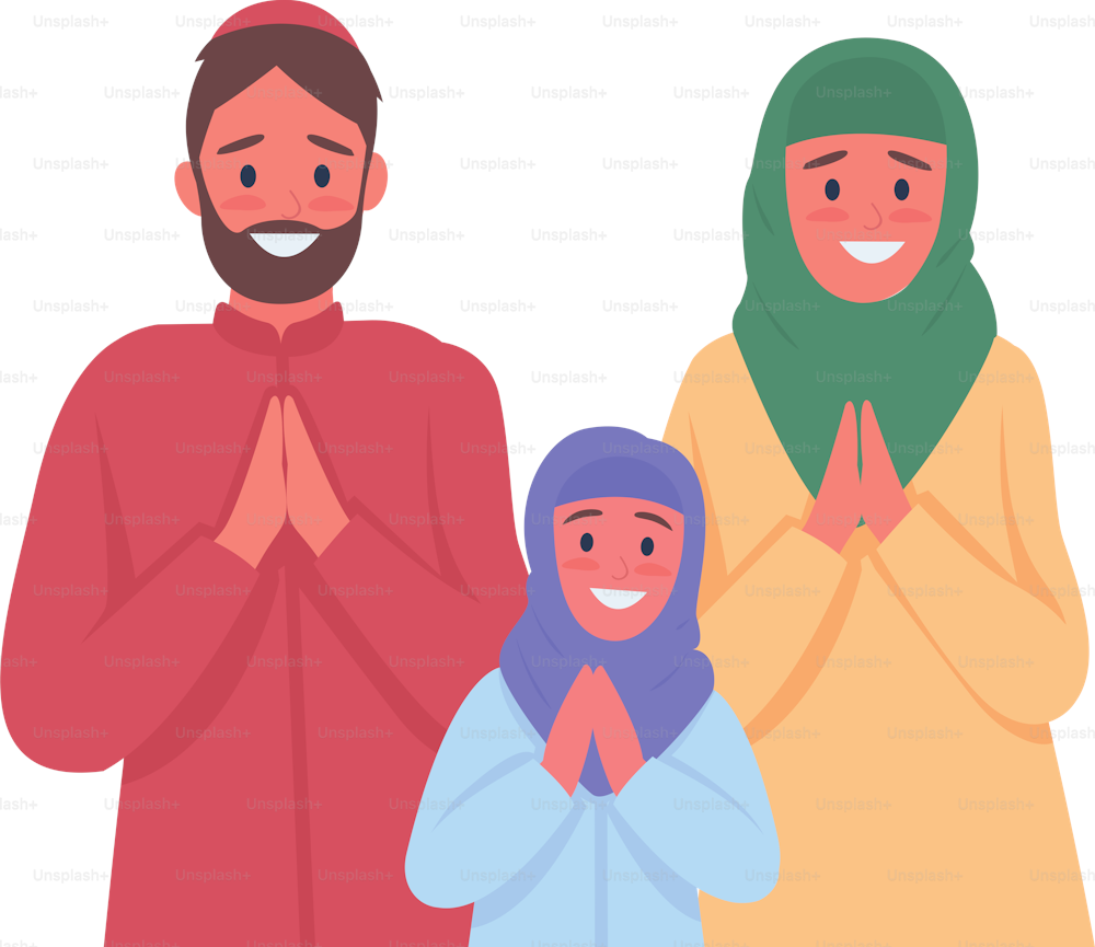 Happy arabian family praying flat color vector faceless characters. Muslim parents and child. Religious tradition. Islam people isolated cartoon illustration for web graphic design and animation