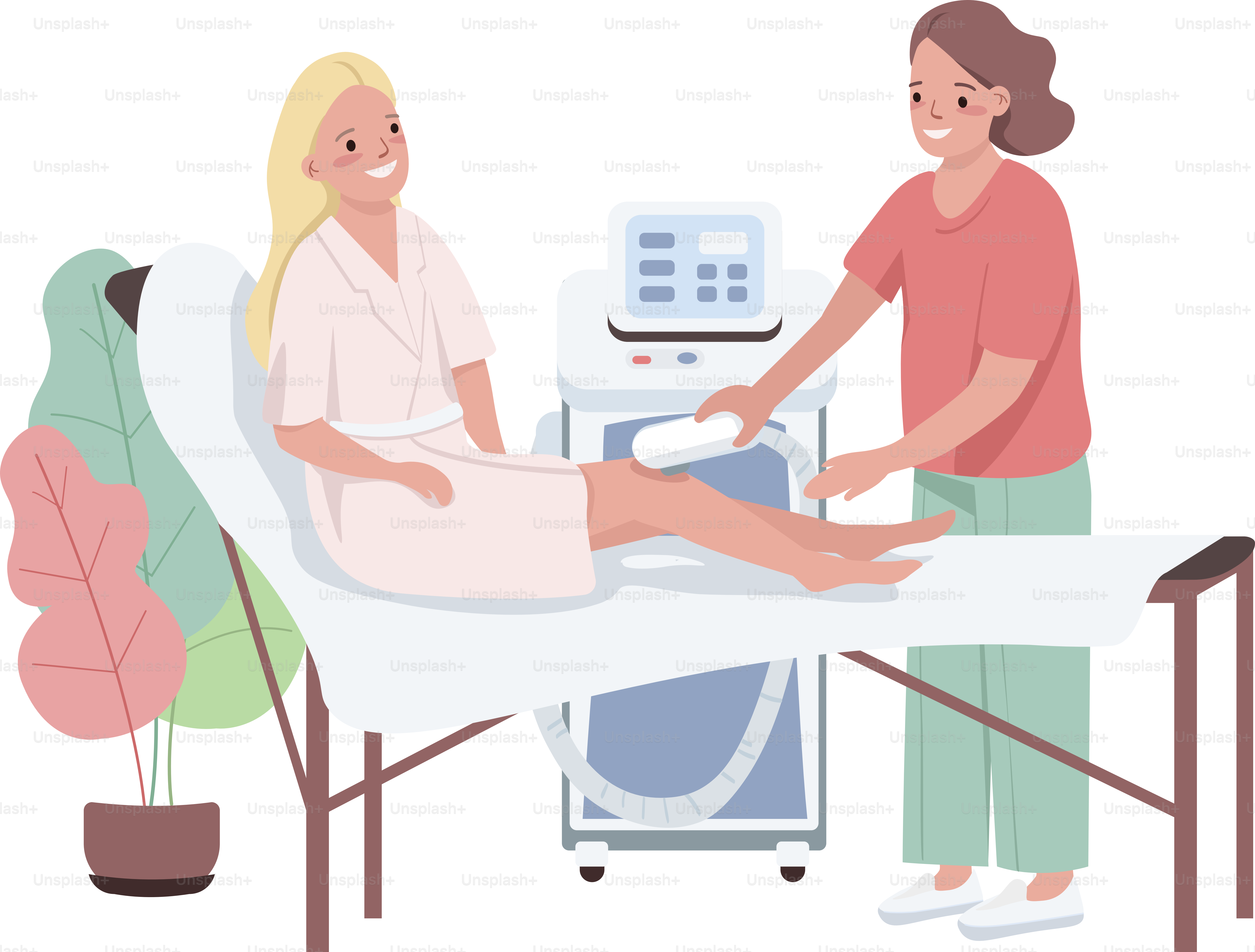 Depilazione laser caratteri vettoriali di colore piatto. Depilazione con apparato del centro termale. Epilazione delle gambe da estetista professionista. Procedura del salone di bellezza illustrazione isolata del fumetto
