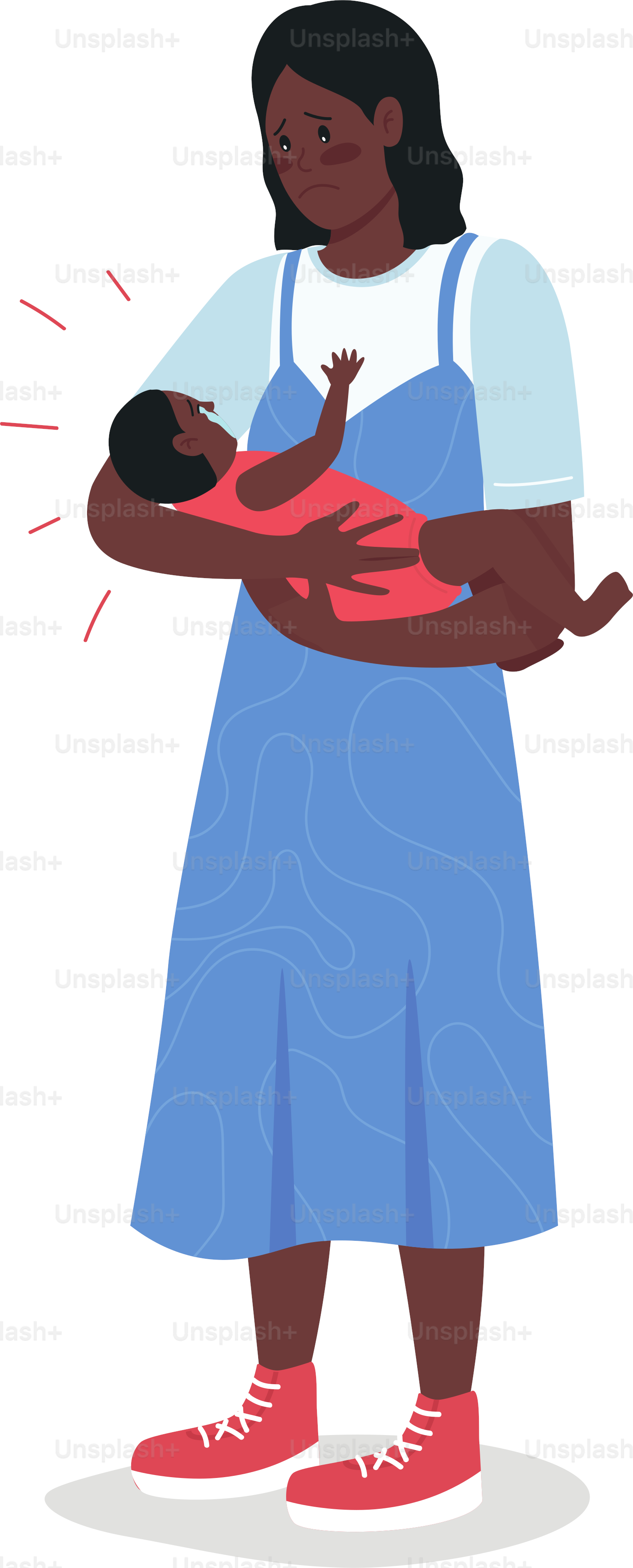 Worried young mother with screaming baby flat color vector detailed characters. Postpartum depression. African american family isolated cartoon illustration for web graphic design and animation