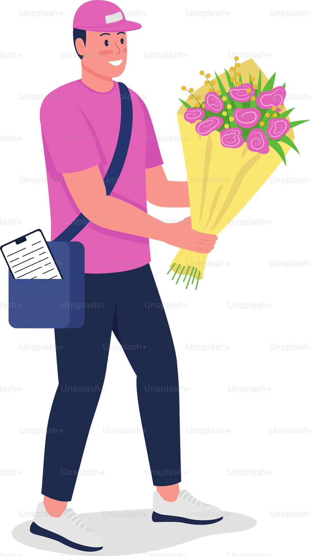 Courrier caucasien souriant avec bouquet plat couleur vecteur caractère détaillé. Livreur en uniforme. Illustration de bande dessinée isolée pour la conception graphique et l’animation Web