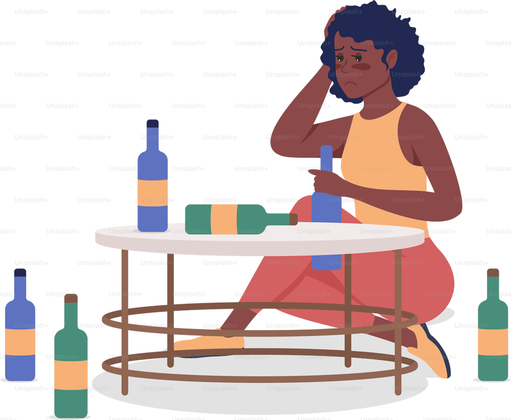 Alcoholic woman semi flat color vector character. Drunk person. Sitting figure. Full body person on white. Bad habit isolated modern cartoon style illustration for graphic design and animation