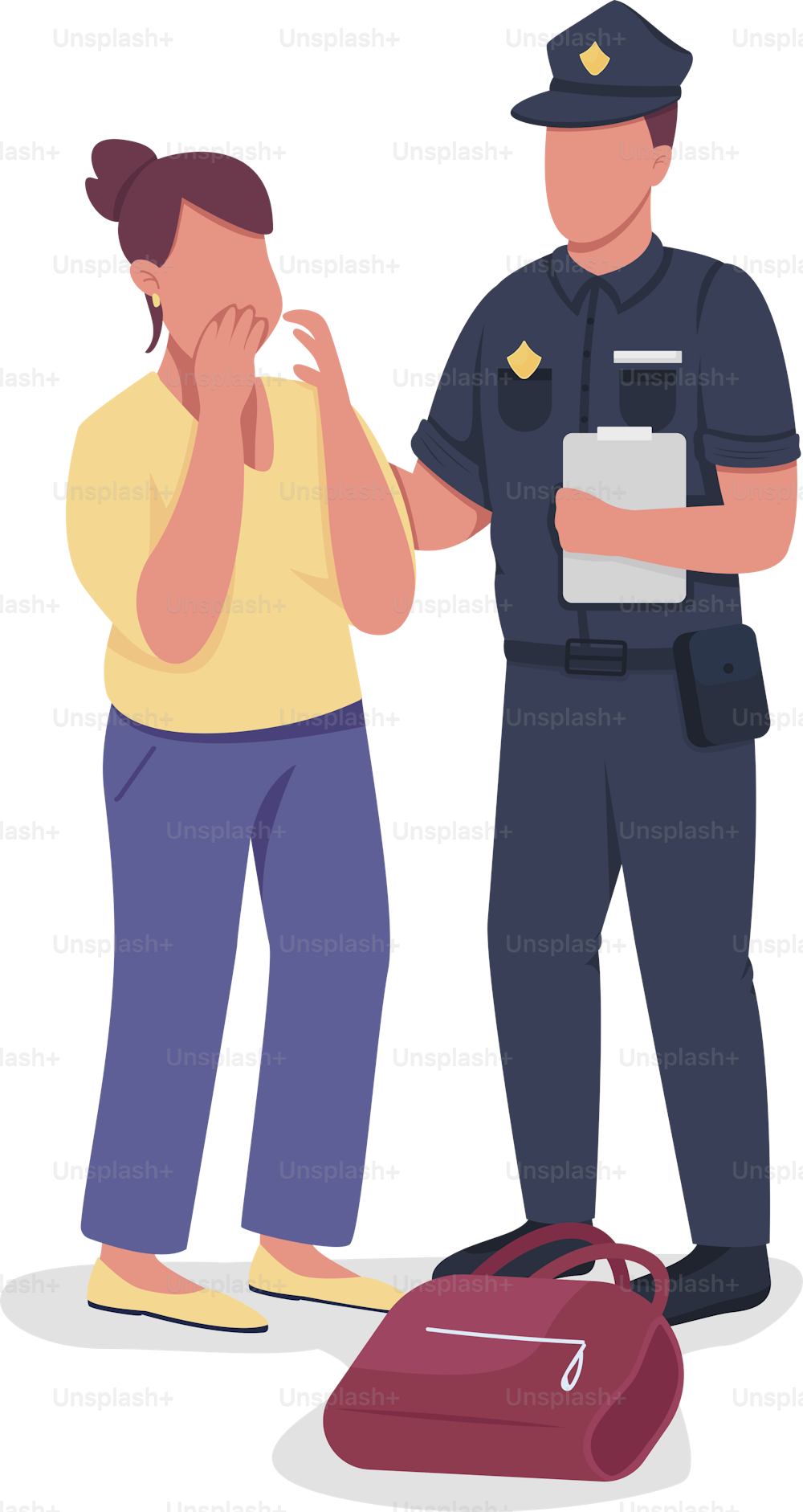 Policeman takes statement from victim semi flat color vector characters. Full body people on white. Gathering evidence isolated modern cartoon style illustration for graphic design and animation