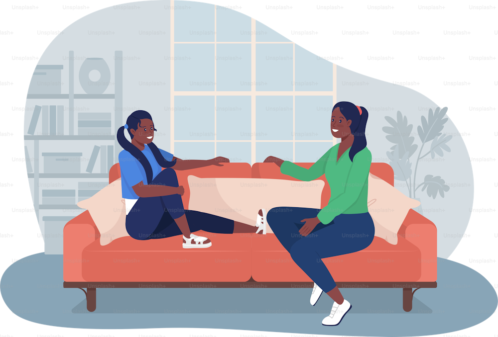Teenager talk with mom 2D vector isolated illustration. Leisure at home. Daughter speaking with mother flat characters on cartoon background. Girl sit with parent on couch colourful scene