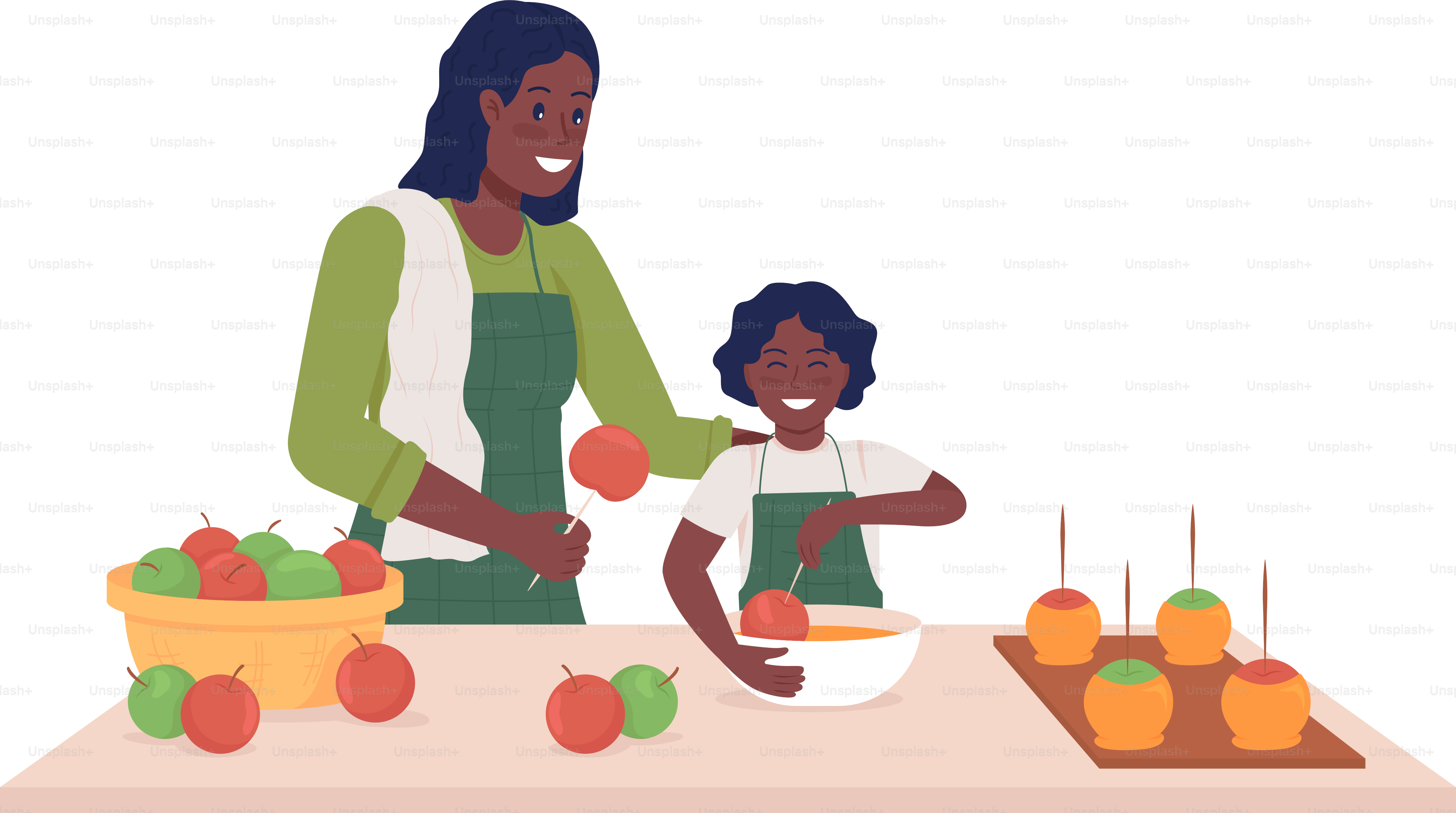 Mamá con niño cocina caracteres vectoriales de color semiplanos. Posando figuras. Personas de cuerpo completo sobre blanco. Hacer manzanas de caramelo aisladas ilustración moderna estilo dibujos animados para diseño gráfico y animación