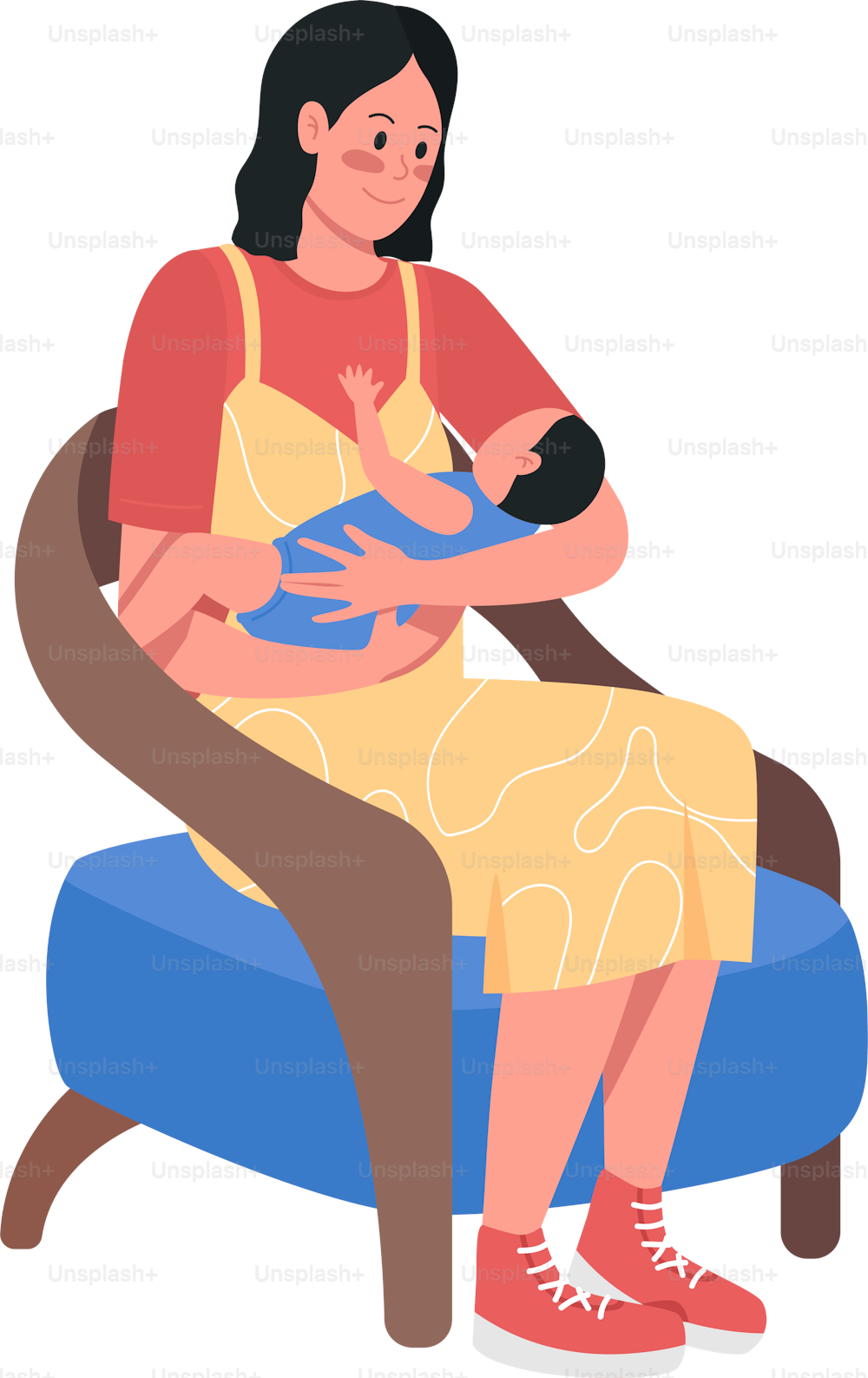 아기 세미 플랫 컬러 벡터 캐릭터를 가진 어머니. 포즈를 취하는 모습. 흰색에 전신 사람. 감정 표현은 그래픽 디자인과 애니메이션을 위한 현대 만화 스타일의 일러스트레이션을 분리했습니다
