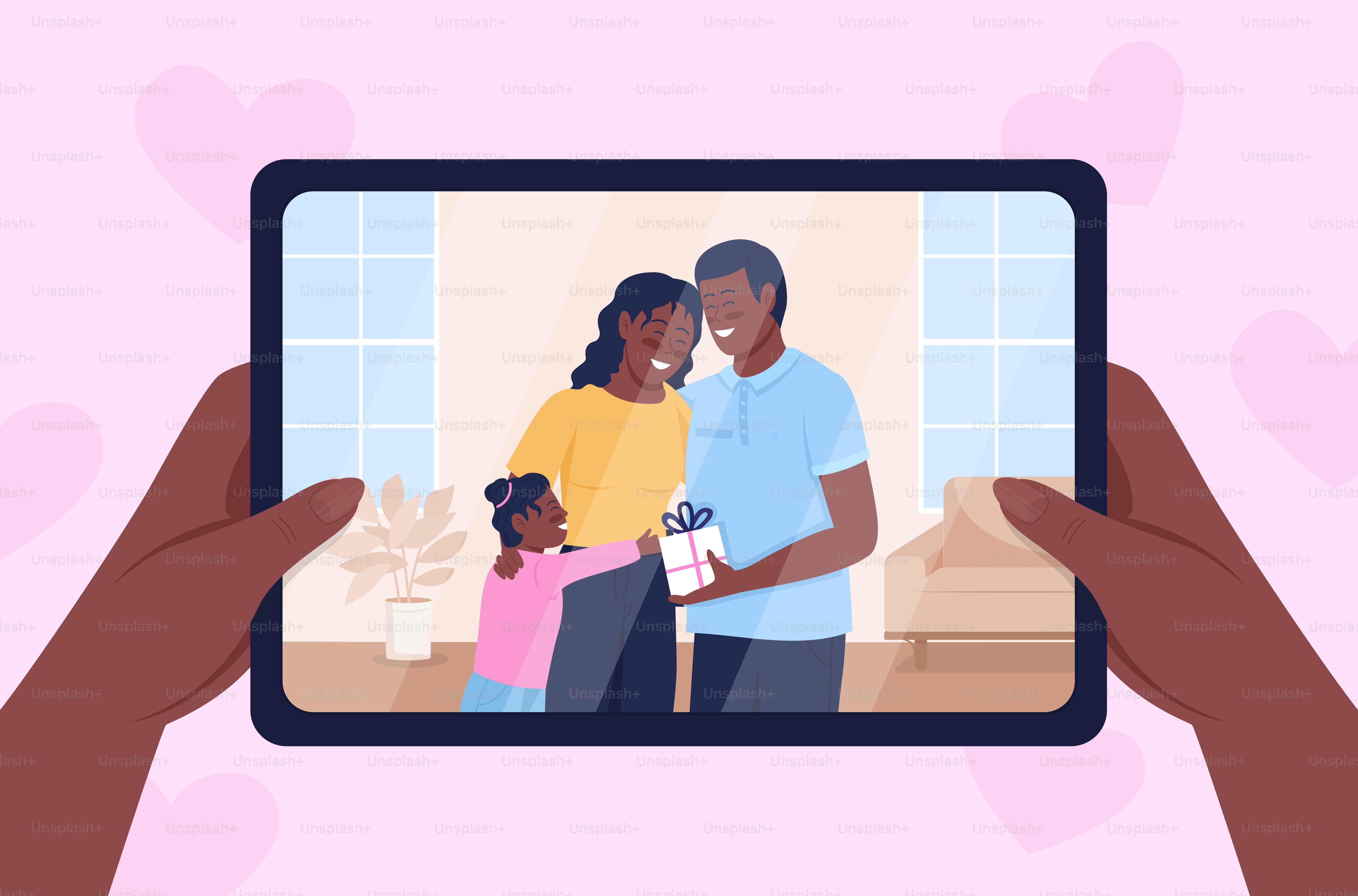 Tirando foto de uma família feliz com ilustração vetorial isolada em 2D. Dando presente para a mãe do apartamento com primeira vista na mão sobre fundo de desenho animado. Se abraçando. Cena colorida de celebração de aniversário de membro da família