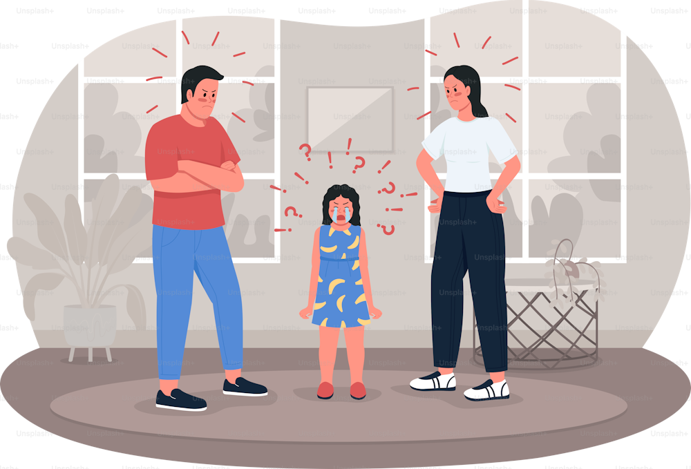 Family fighting 2D vector isolated illustration. Kid stressed over mom and dad. Arguing parents and upset child flat characters on cartoon background. Troubled relationships colourful scene