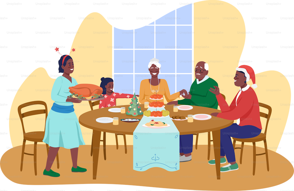 Family Christmas dinner 2D vector isolated illustration. Winter time celebration. Parents with children at table flat characters on cartoon background. Festivities on holidays colourful scene