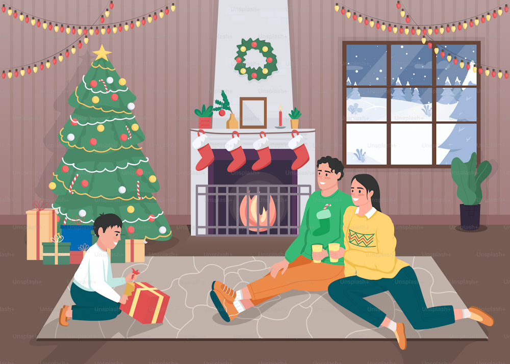 Familia en vacaciones festivas ilustración vectorial de color plano. El hijo se lleva la sorpresa. Temporada navideña. Celebración de vacaciones de invierno. Padres con personajes de dibujos animados 2D infantiles con el interior de la casa en el fondo