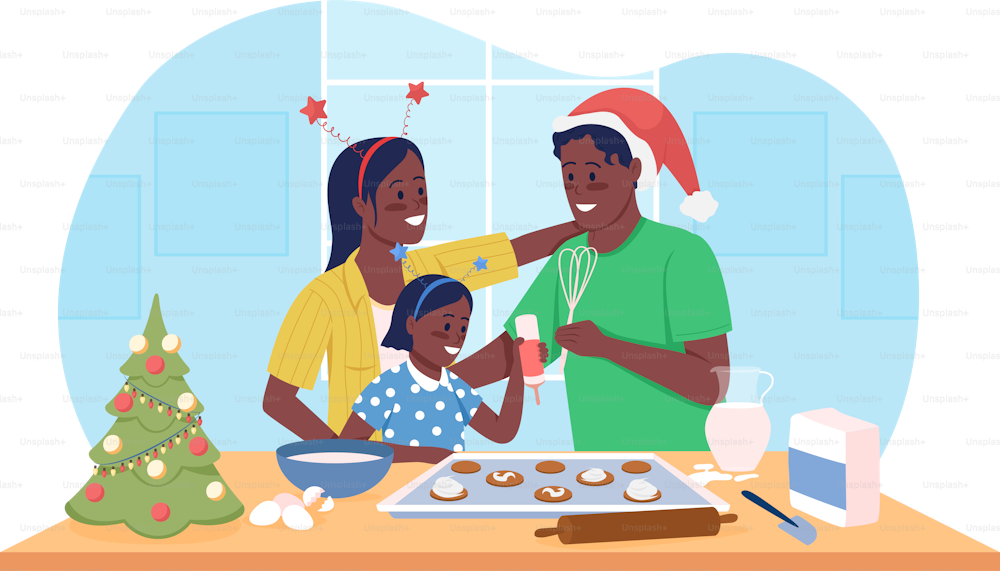 Hornear galletas festivas 2D vector ilustración aislada. Cocina de invierno. Preparándose para la Navidad. Familia feliz en personajes planos de cocina sobre fondo de dibujos animados. Escena colorida de invierno