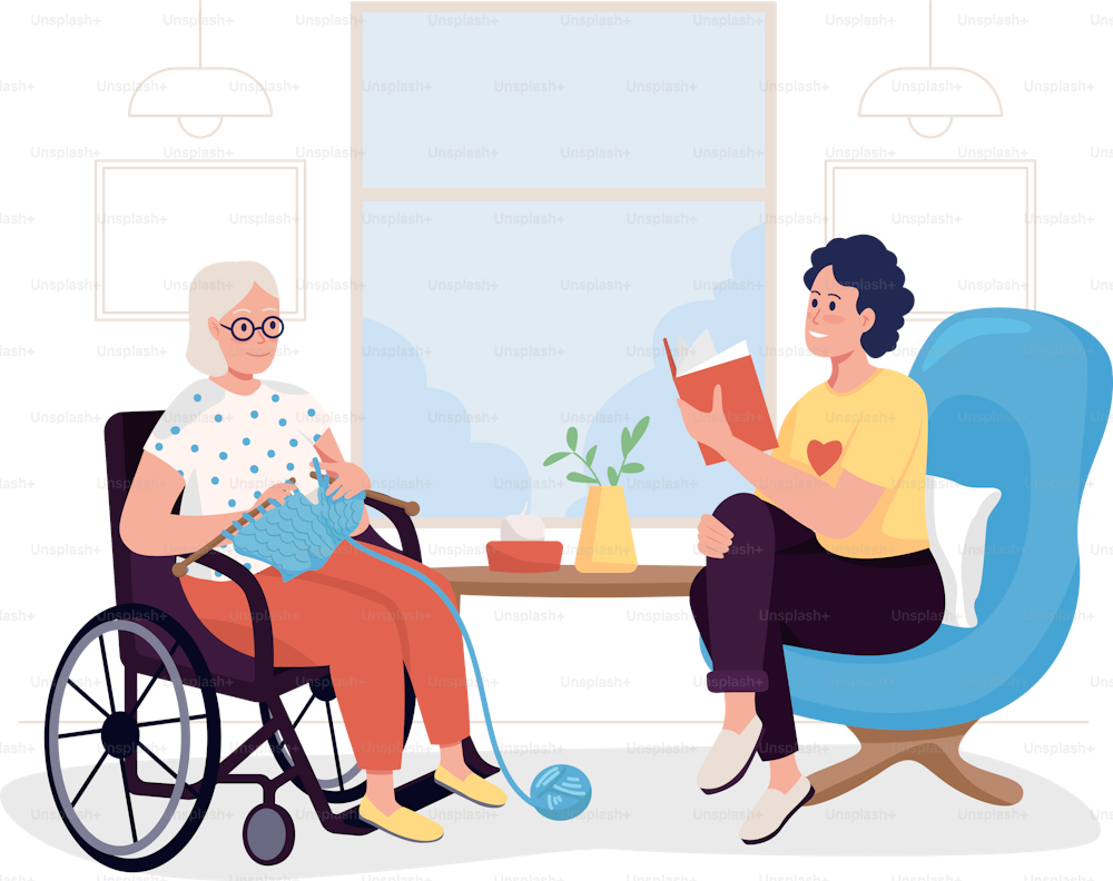 Volunteer in nursing home 2D vector isolated illustration. Girl read to grandma. Elderly and younger woman sit together indoors flat characters on cartoon background. Charity work colourful scene
