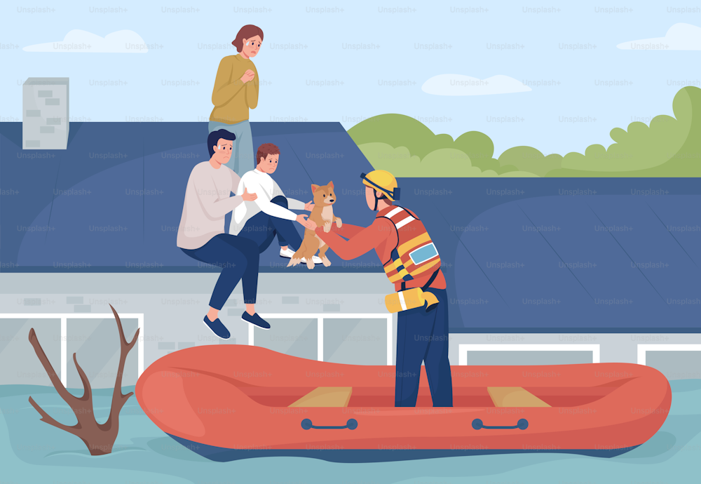 Evacuating people from flooded house flat color vector illustration. Rescue operation. Trapped on rooftop family rescued by first responder 2D cartoon characters with cityscape on background