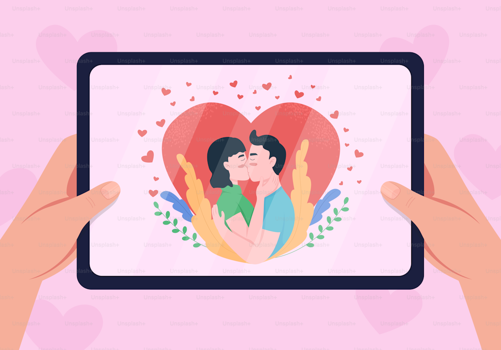 Romantic relationship flat color vector illustration. Partners hugging. Affection for lover. Kissing couple in love 2D cartoon characters with first view tablet display on background
