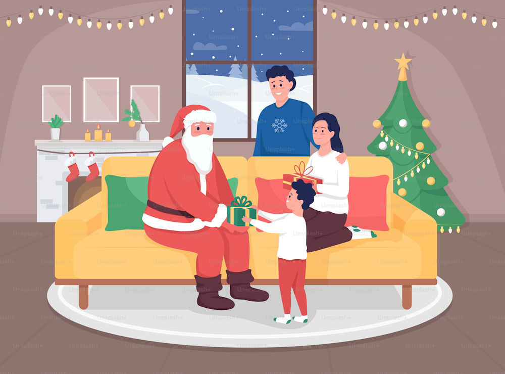 산타 홈 플랫 컬러 벡터 일러스트레이션을 초대합니다. 크리스마스 선물을 받는 아이를 둔 부모들. 겨울 휴가 축하. 축제 분위기를 배경으로 한 행복한 가족 2D 만화 캐릭터