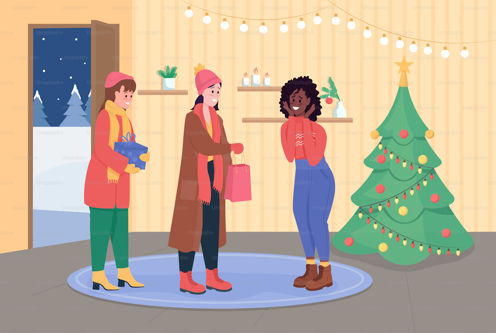 Invitez des amis pour l’illustration vectorielle couleur plate de Noël. Les filles viennent célébrer les vacances d’hiver. Femmes souriantes avec des paquets présents Personnages de dessins animés 2D avec intérieur en arrière-plan