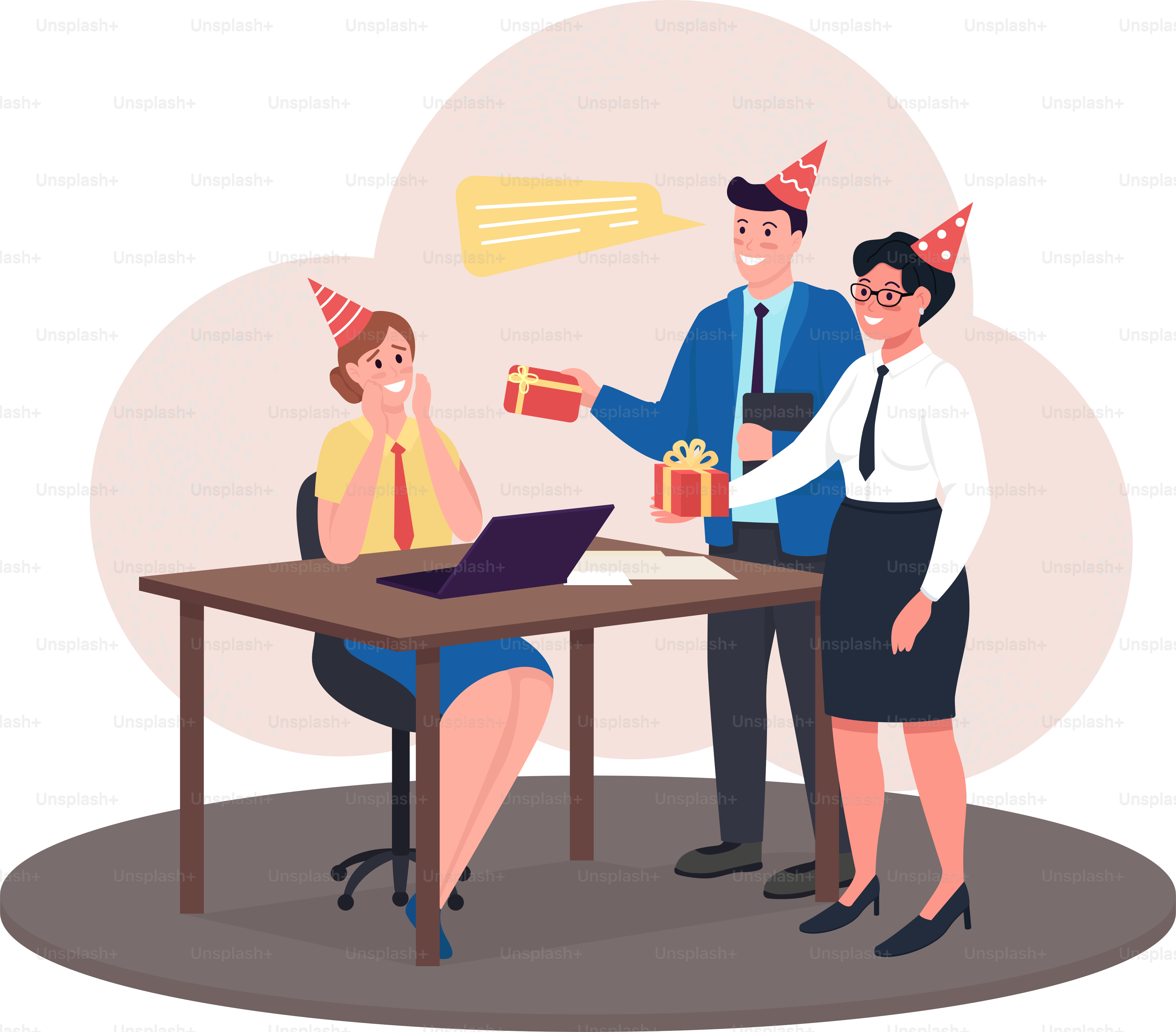 Gift giving in office 2D vector isolated illustration. Colleagues give present. Smiling coworkers flat characters on cartoon background. Christmas celebration at work colourful scene