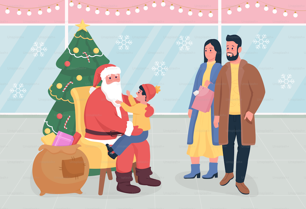 Greeting from Santa in mall flat color vector illustration. Happy parents. Child asking for present. Kid wishing for gift. People in shopping center 2D cartoon characters with displays on background