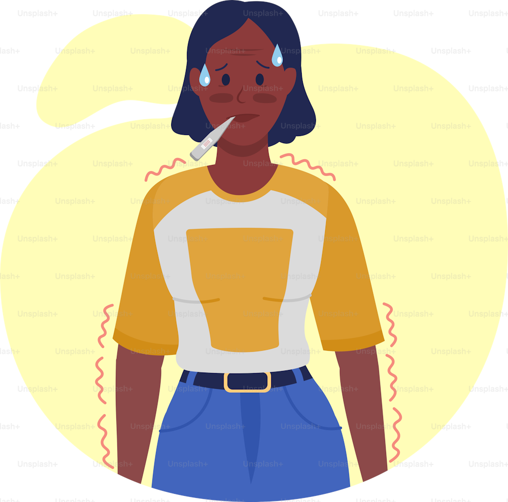 Woman with fever semi flat color vector character. Posing figure. Full body person on white. Post covid syndrome isolated modern cartoon style illustration for graphic design and animation