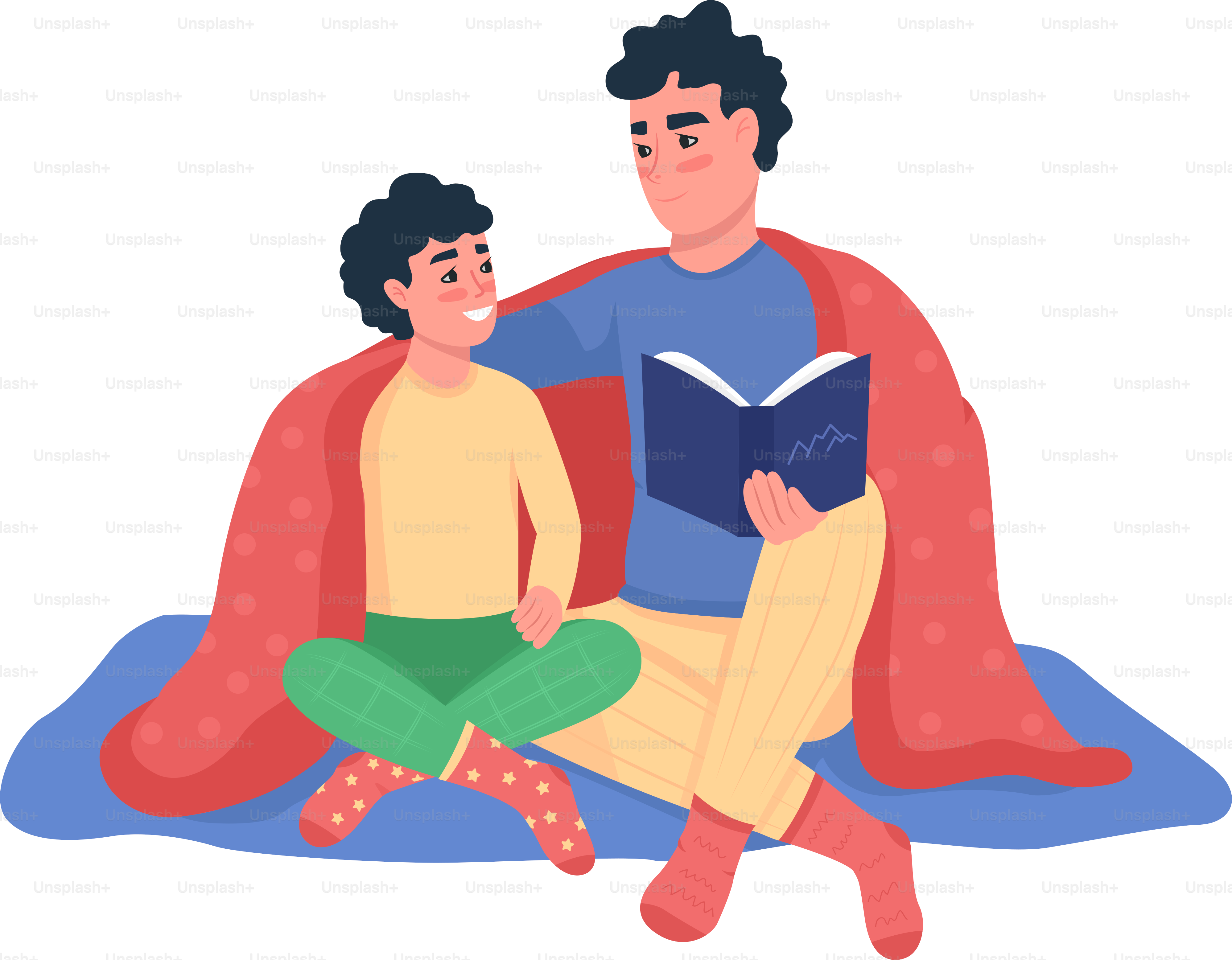Father and son reading semi flat color vector characters. Sitting figures. Full body people on white. Family isolated modern cartoon style illustration for graphic design and animation