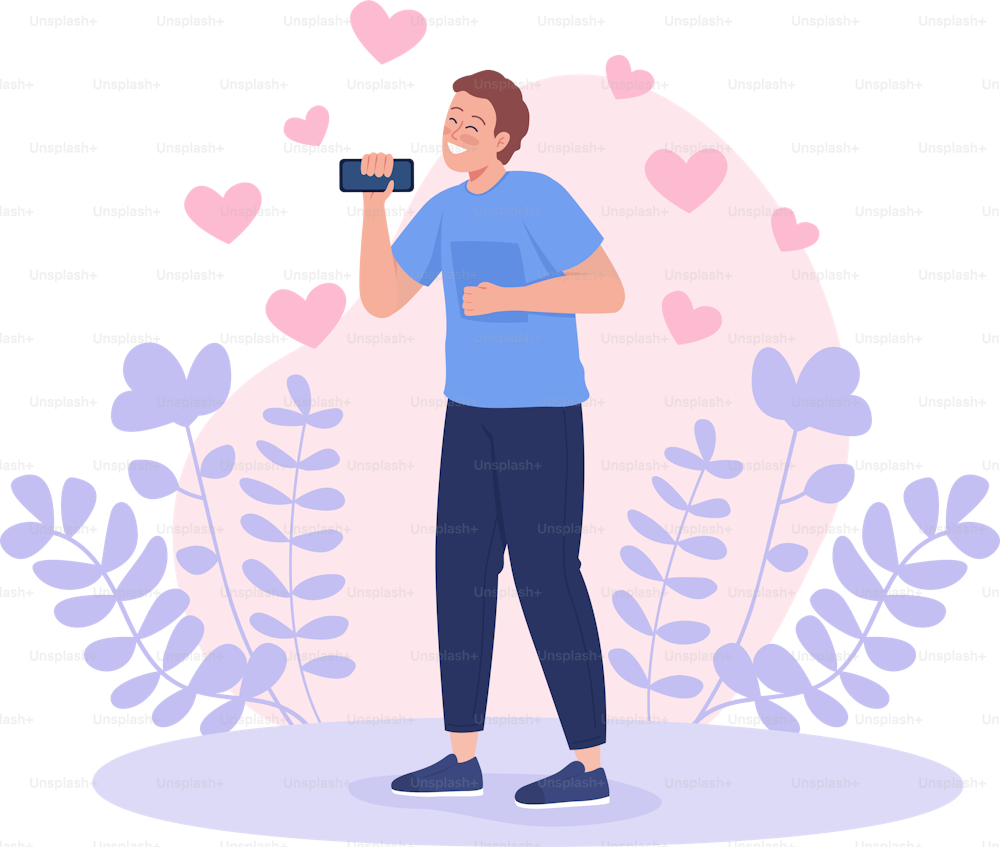Smiling young man dancing with phone 2D vector isolated illustration. Carefree guy celebrates relationship beginning flat character on cartoon background. Having success on dating site colourful scene