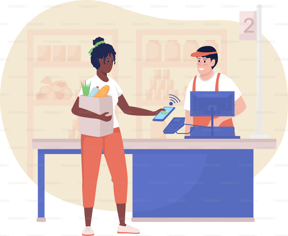 Buying groceries in store 2D vector isolated illustration. Woman paying with smartphone at checkout flat characters on cartoon background. Everyday situation and common tasks colourful scene
