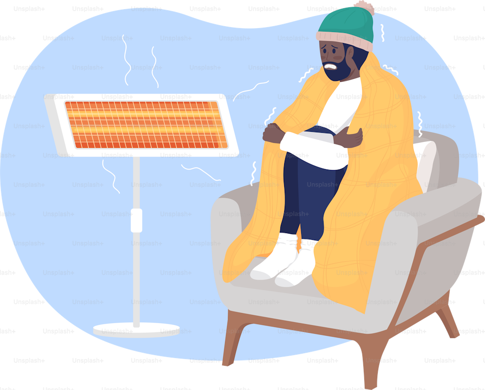 Calentamiento en casa Ilustración aislada vectorial 2D. Hombre congelado sentado en personajes planos de sillón sobre fondo de dibujos animados. Clima frío. Situación cotidiana y vida cotidiana escena colorida