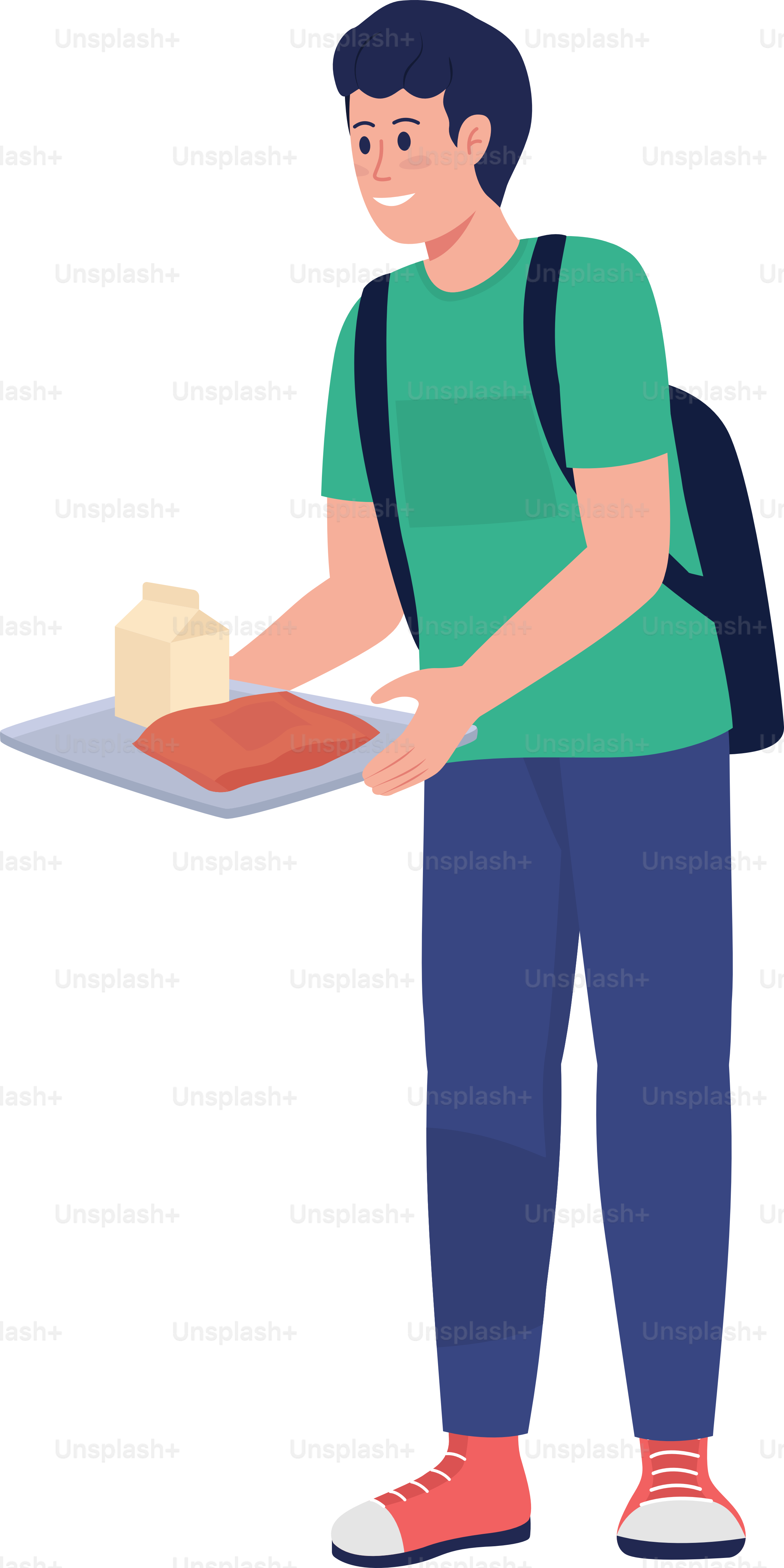 Allievo con il pranzo su un vassoio, carattere vettoriale a colori semi-piatti. Figura in posa. Persona a corpo intero su bianco. Cena scolastica isolata, illustrazione in stile cartone animato moderno per graphic design e animazione