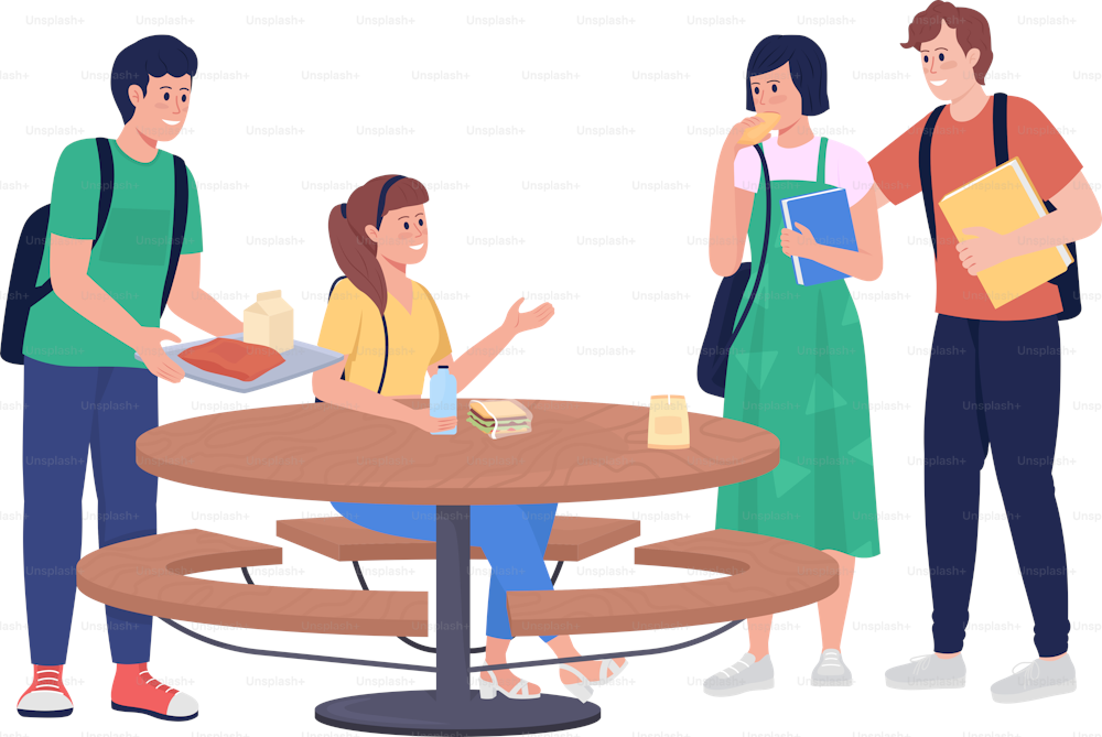 Students on outdoor lunch semi flat color vector characters. Interacting figures. Full body people on white. School break isolated modern cartoon style illustration for graphic design and animation