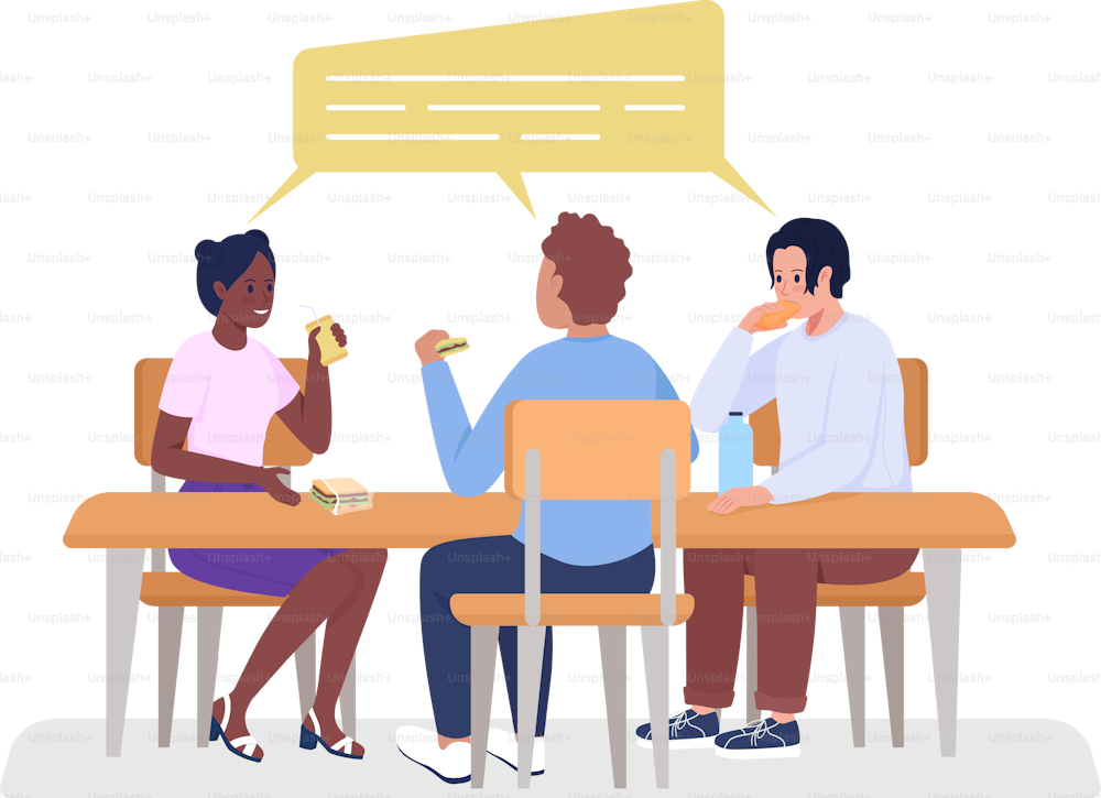 College students meeting on break semi flat color vector characters. Sitting figures. Full body people on white. Lunch isolated modern cartoon style illustration for graphic design and animation