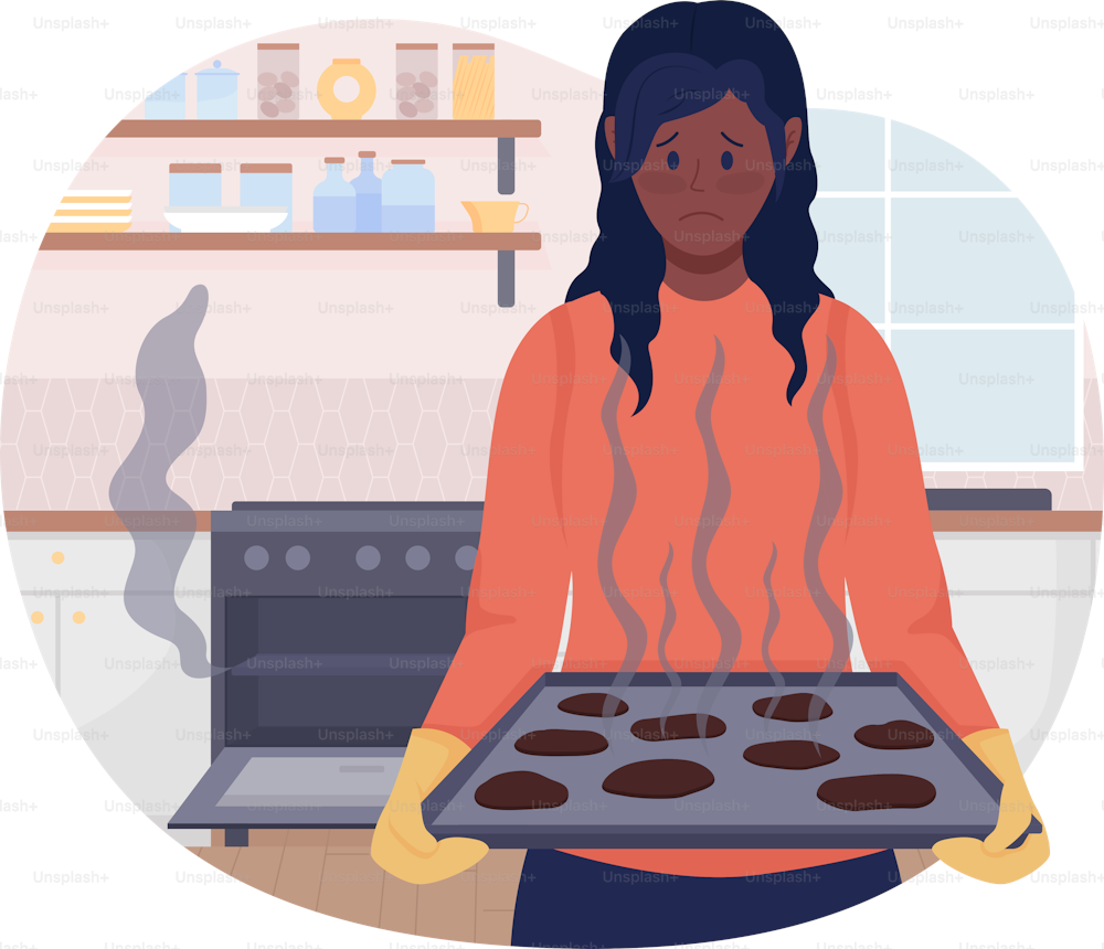 Burnt cookies 2D vector isolated illustration. Upset woman with failed baked food flat characters on cartoon background. Accident in kitchen. Everyday situation and daily life colourful scene