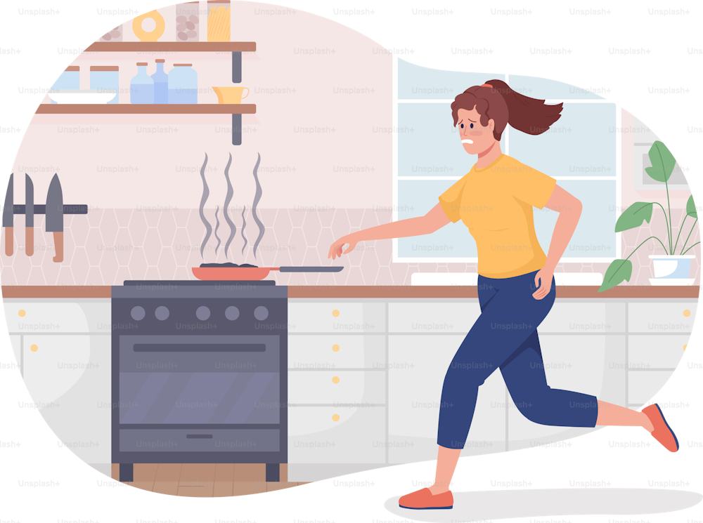 Burning food on stove 2D vector isolated illustration. Woman running to turn off heat on stove flat characters on cartoon background. Everyday situation and daily life colourful scene