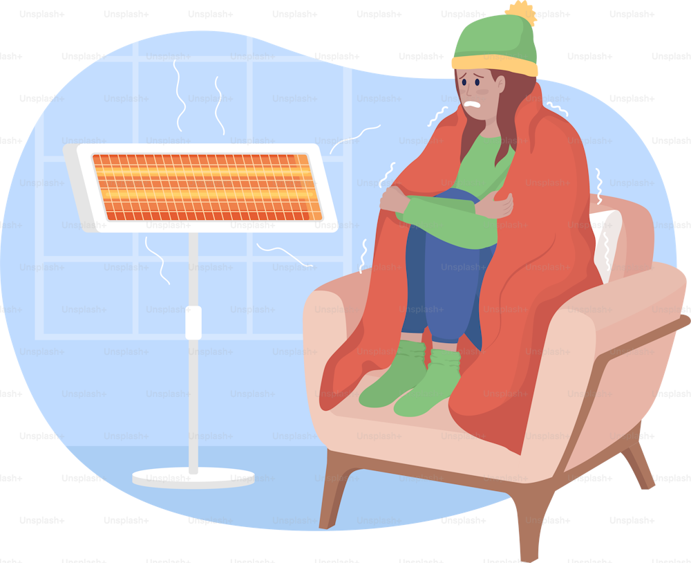 Sitting at heater at home 2D vector isolated illustration. Woman cold and wrapped in blanket flat characters on cartoon background. Everyday situation and daily life colourful scene