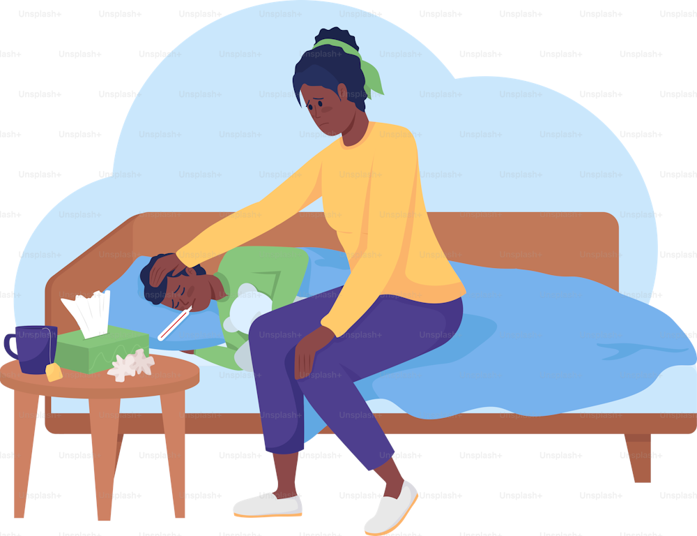 Child laying with disease 2D vector isolated illustration. Mother taking care of sick kid flat characters on cartoon background. Everyday situation and common tasks colourful scene