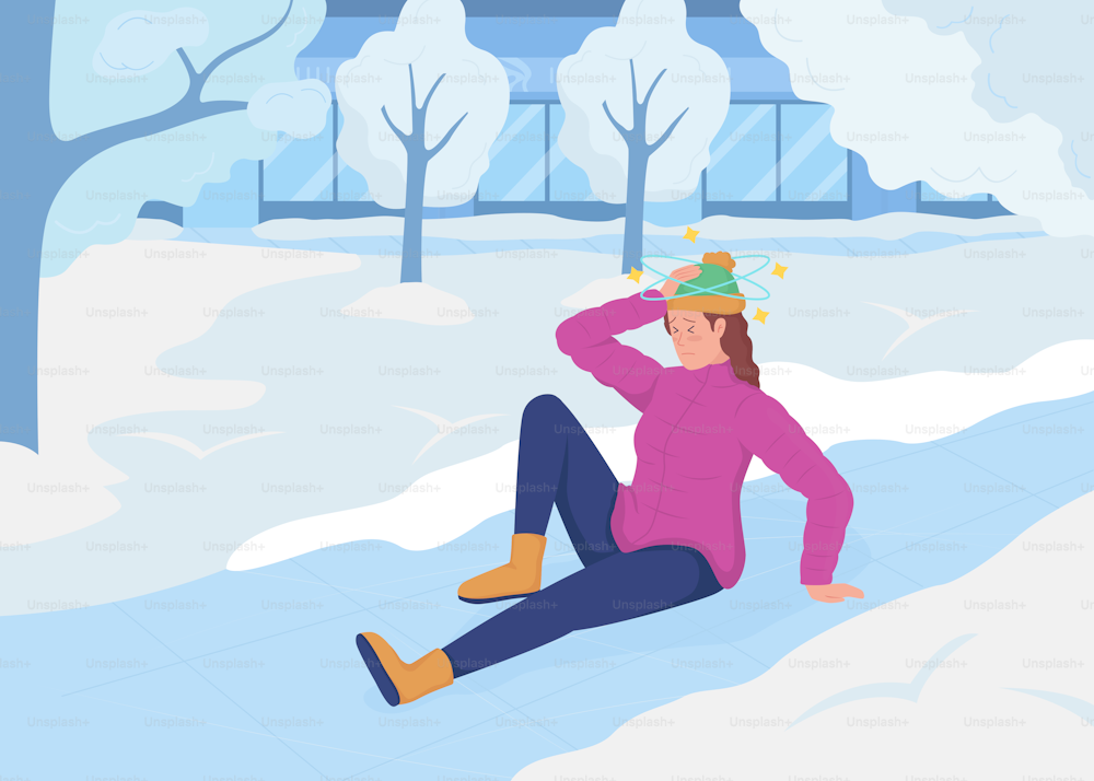 Winter dangerous situation flat color vector illustration. Urban park in december. Everyday situation. Woman slipped on iced 2D cartoon character with urban cityscape on background
