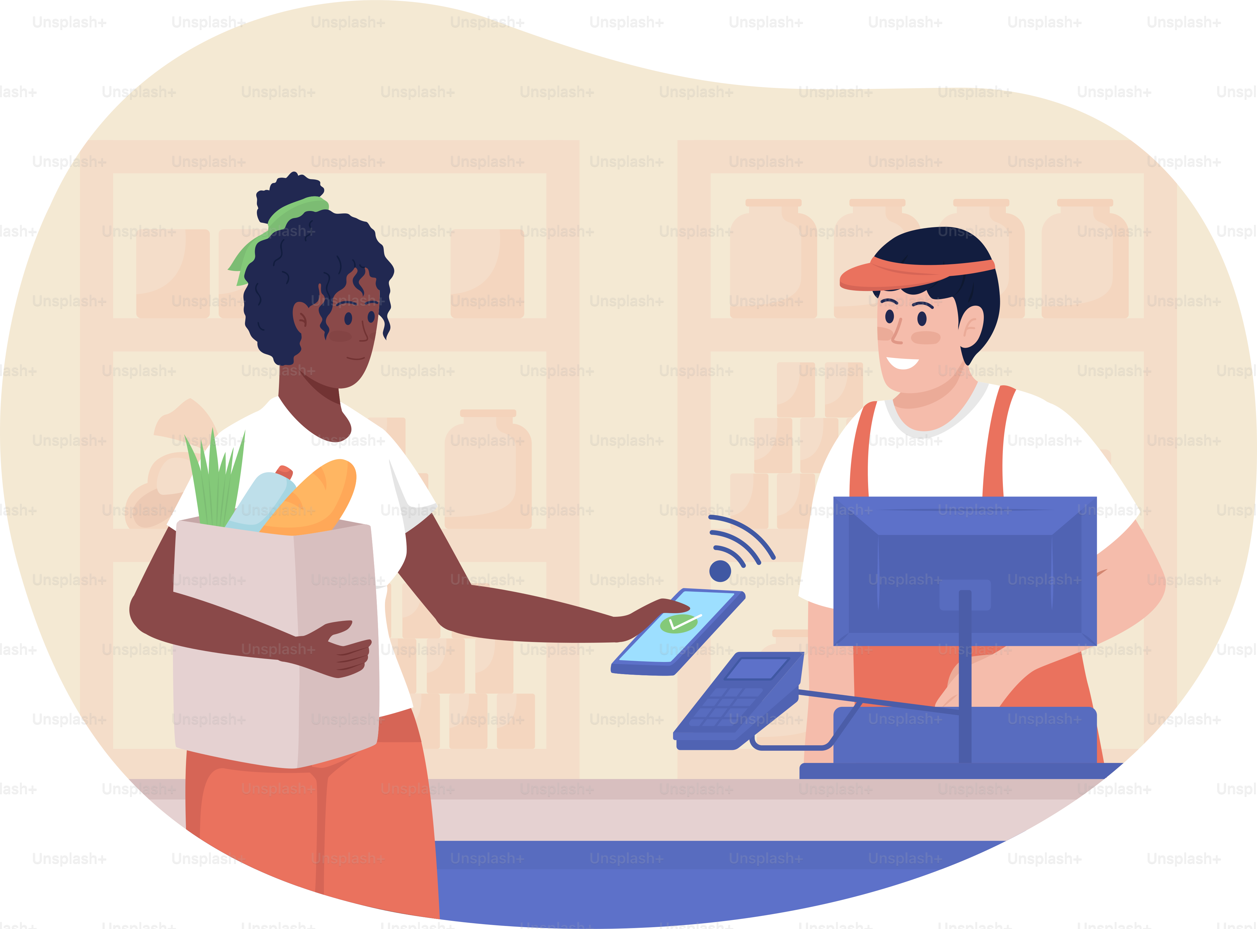 Pagamento sem dinheiro para mantimentos ilustração isolada vetorial 2D. Situação diária. Cliente e caixa em personagens planos de supermercado no fundo dos desenhos animados. Cena colorida de compras