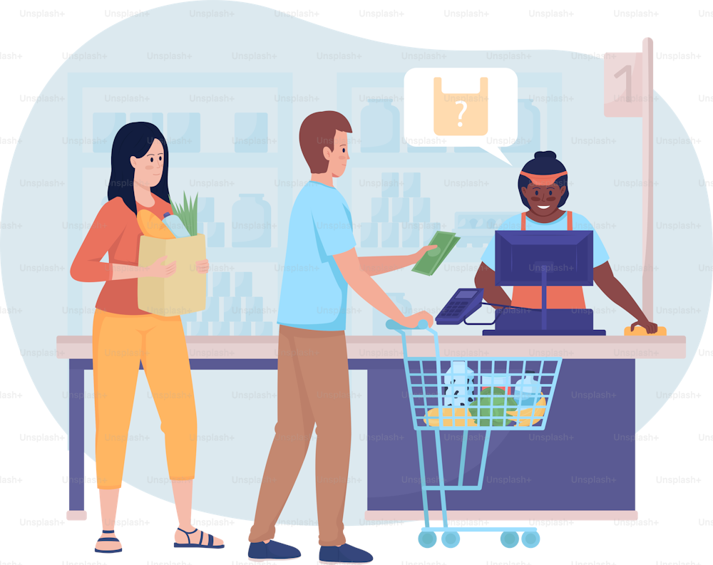 Supermarket queue on cash register 2D vector isolated illustration. People buying food in shop flat characters on cartoon background. Everyday situation and common tasks colourful scene
