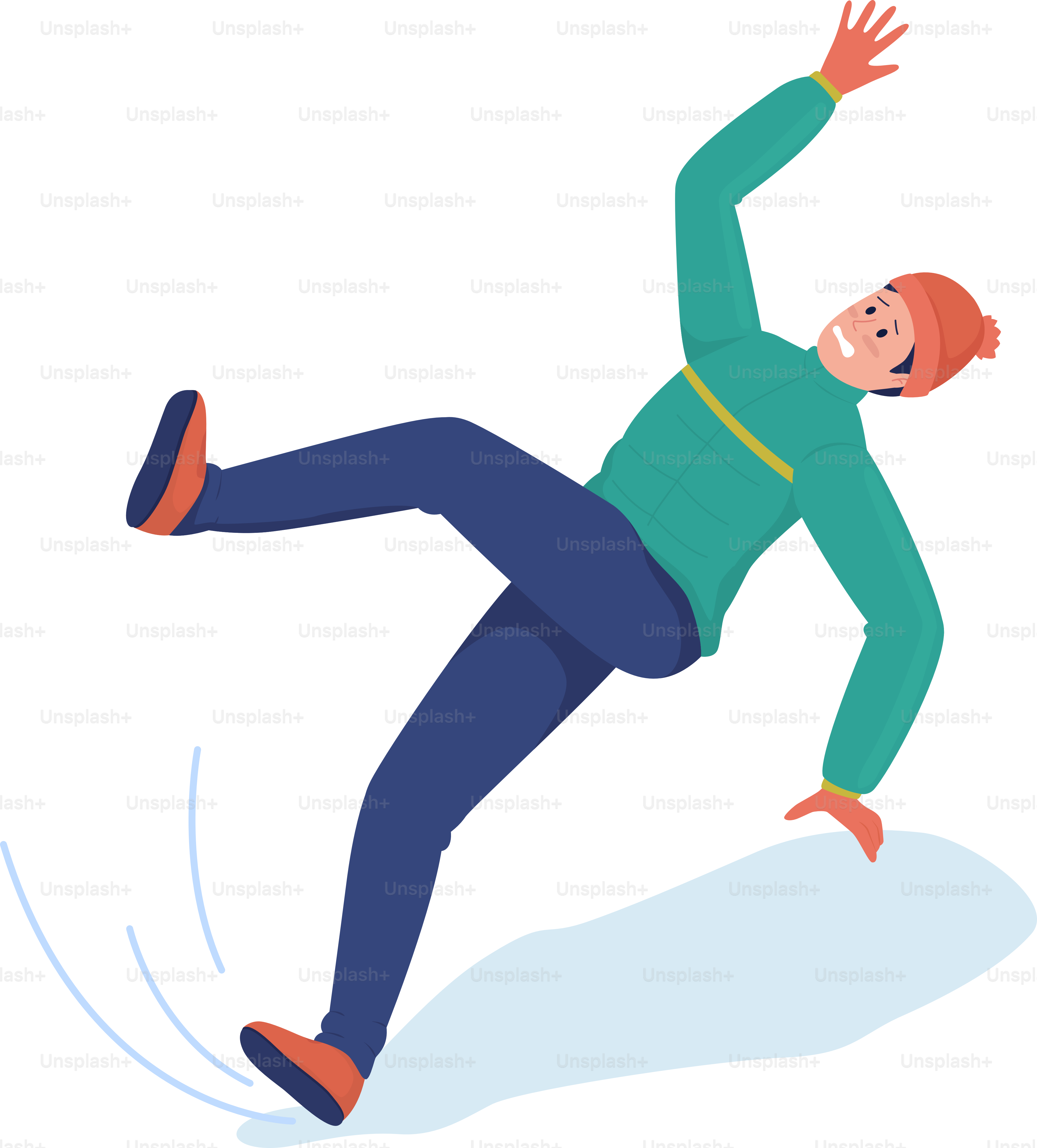 Homem caindo, personagem vetorial de cor semi-plana. Figura masculina. Pessoa de corpo inteiro em branco. O tempo escorregadio no inverno isolava ilustrações em estilo cartoon moderno para design gráfico e animação