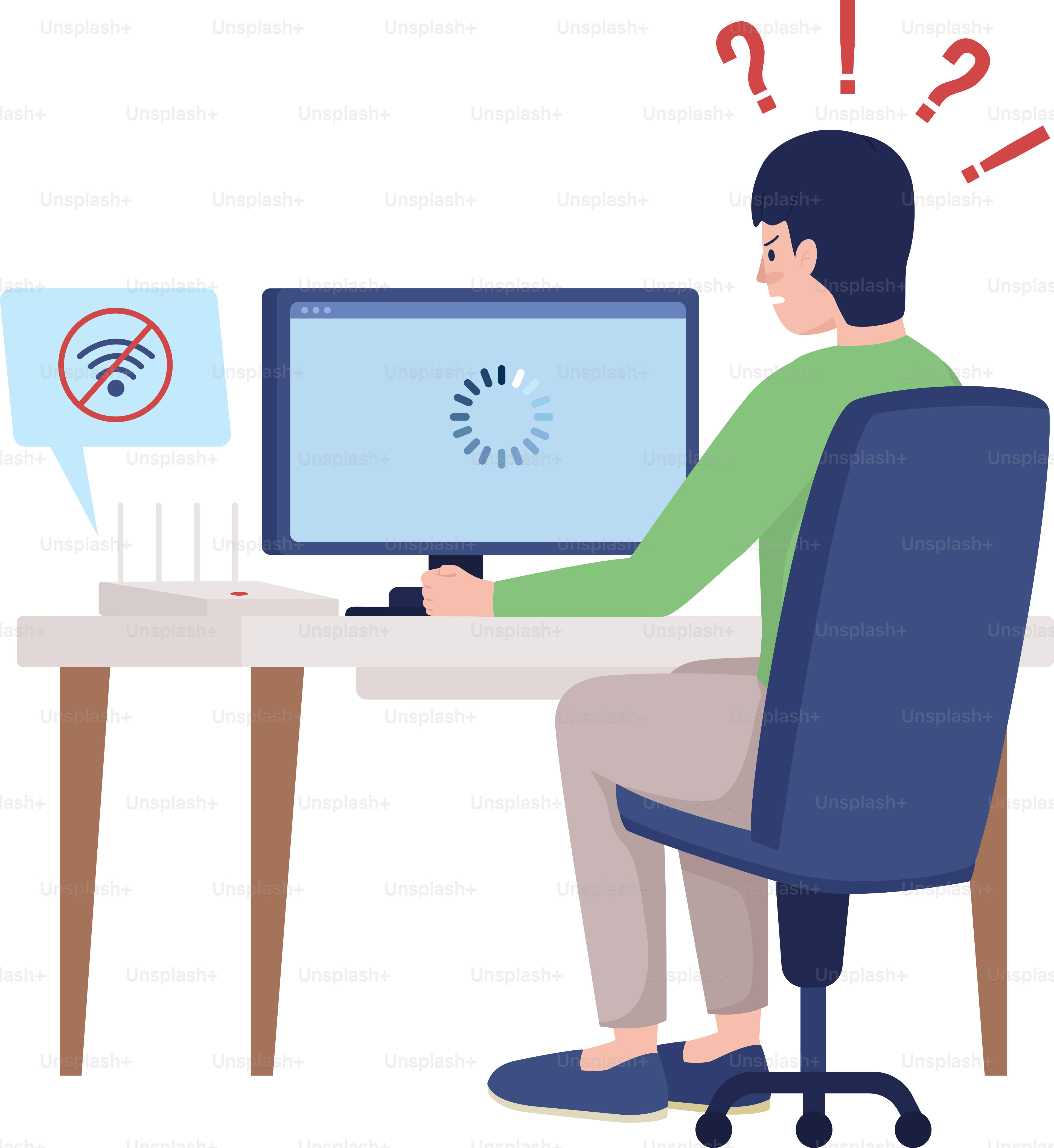 Mann verärgert ohne WLAN halbflache Farbe Vektorzeichen. Sitzende Figur. Ganzkörperperson auf weiß. Home Problem isoliert moderne Illustration im Cartoon-Stil für Grafikdesign und Animation