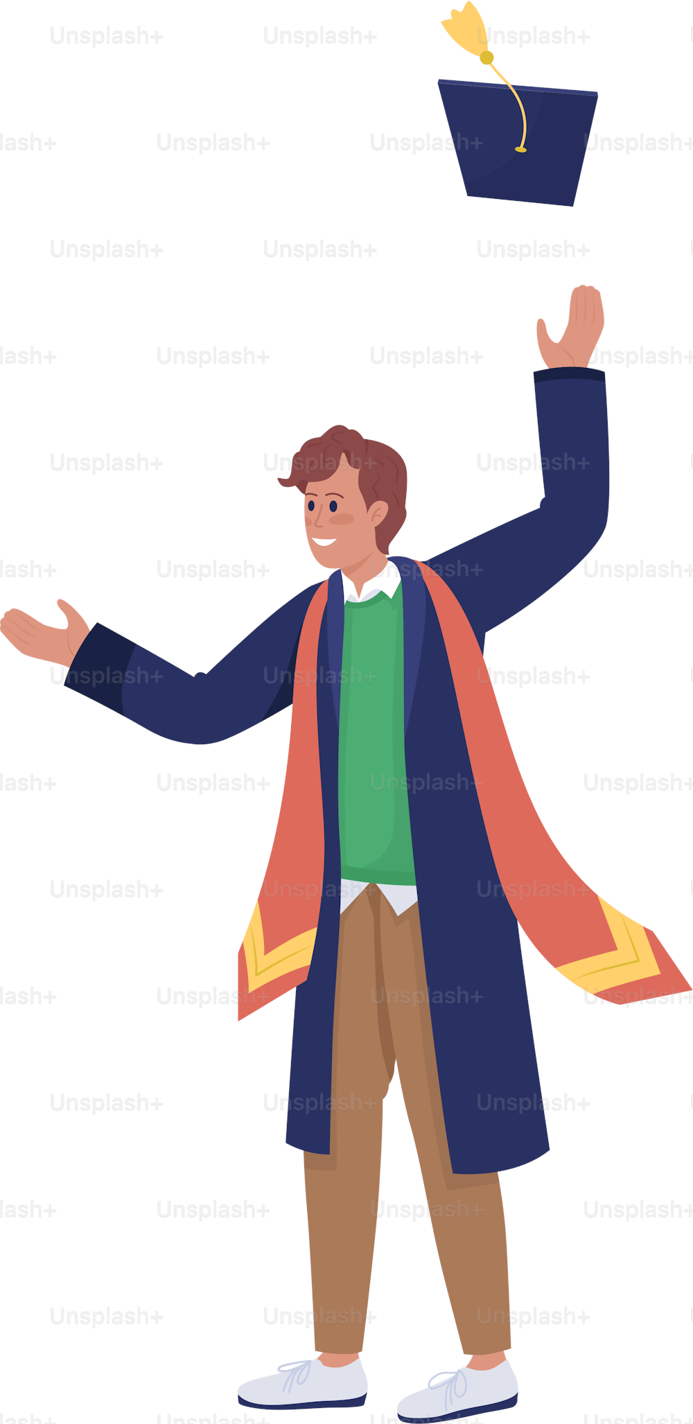 Happy alumnus throws cap semi flat color vector character. Standing figure. Full body person on white. Festive celebration simple cartoon style illustration for web graphic design and animation