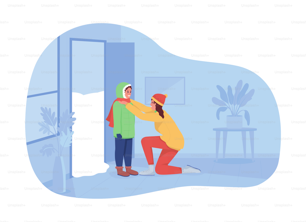 Dressing warm 2D vector isolated illustration. Mother and son expecting winter walk flat characters on cartoon background. Wintertime colourful scene for mobile, website, presentation